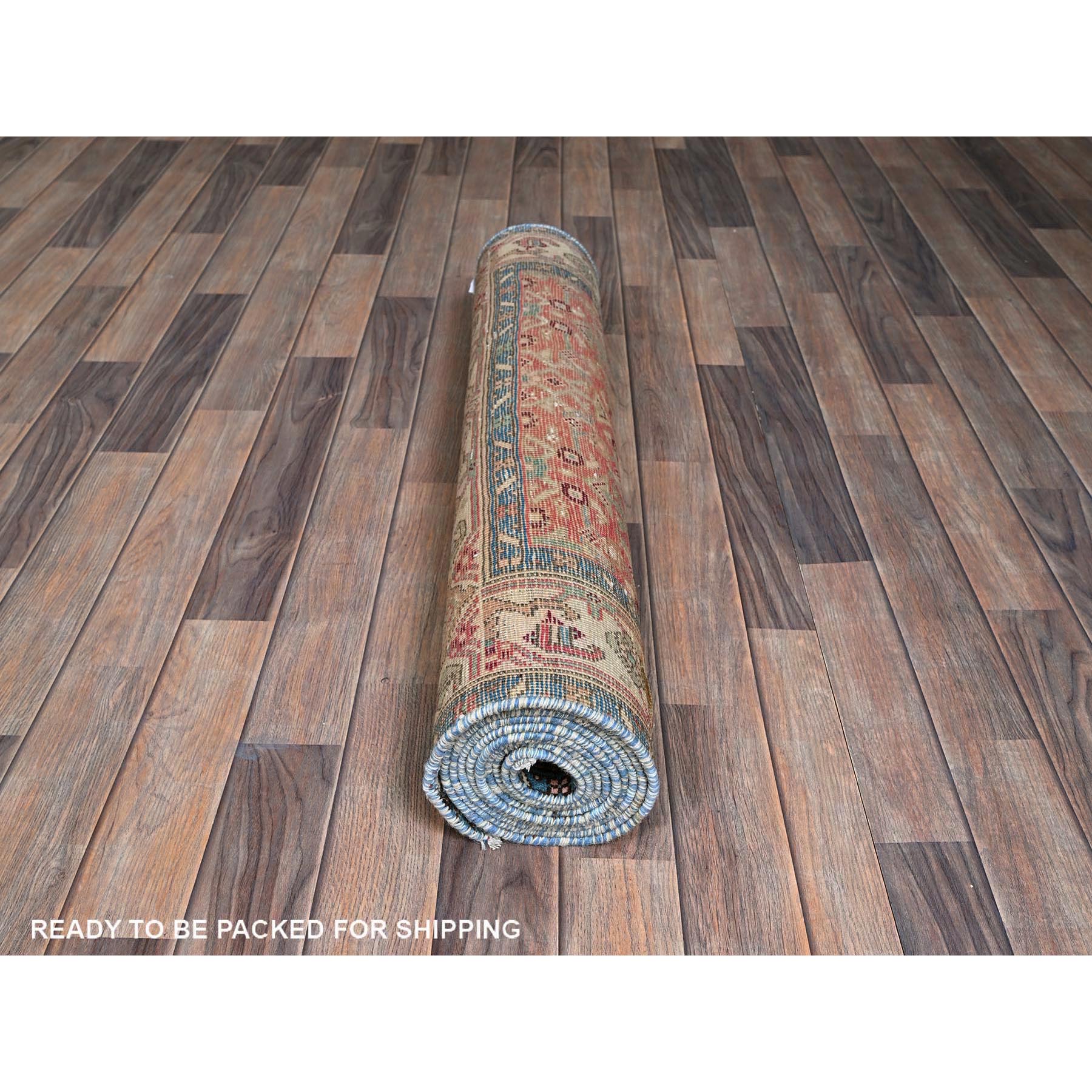 3'3"x10'7" Peach Color, Vintage Northwest Persian with All Over Intricate Geometric Design, 100% Wool, Hand Knotted, Worn and Distressed, Sheared Low, Zero Pile, Sides and Ends Professionally Secured, Good Condition, Wide Runner, Oriental Rug Sh875