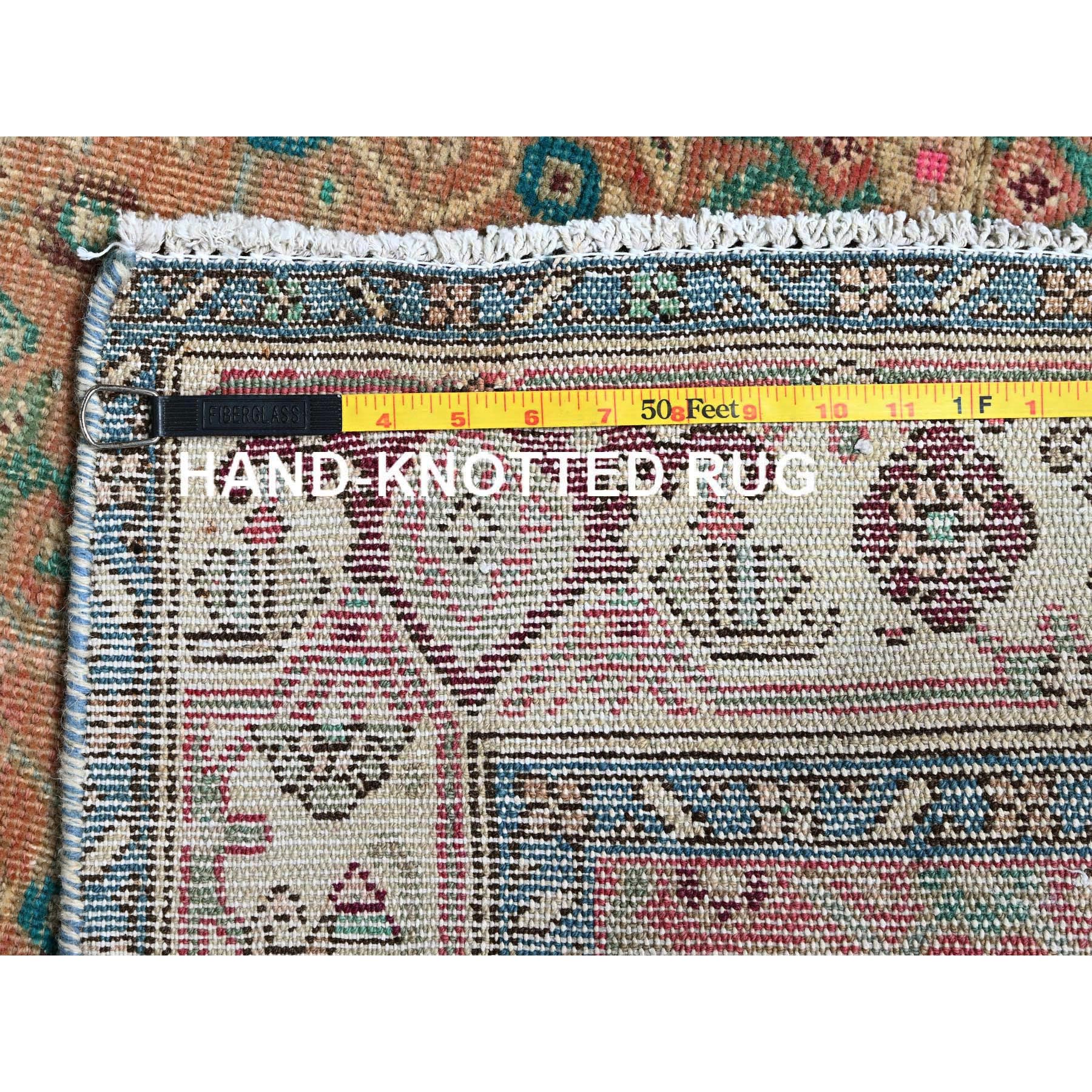 3'3"x10'7" Peach Color, Vintage Northwest Persian with All Over Intricate Geometric Design, 100% Wool, Hand Knotted, Worn and Distressed, Sheared Low, Zero Pile, Sides and Ends Professionally Secured, Good Condition, Wide Runner, Oriental Rug Sh875