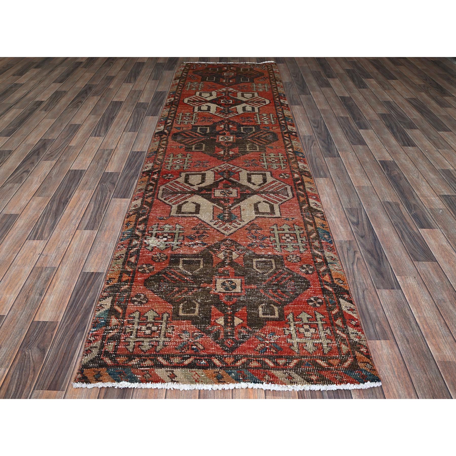 3'x10'3" Coral Red, Vintage Persian Bakhtiar with Tribal Medallions, Worn and Distressed, 100% Wool, Hand Knotted, Shaved Down, Zero Pile, Sides and Ends Professionally Secured, Runner, Oriental Rug Sh876