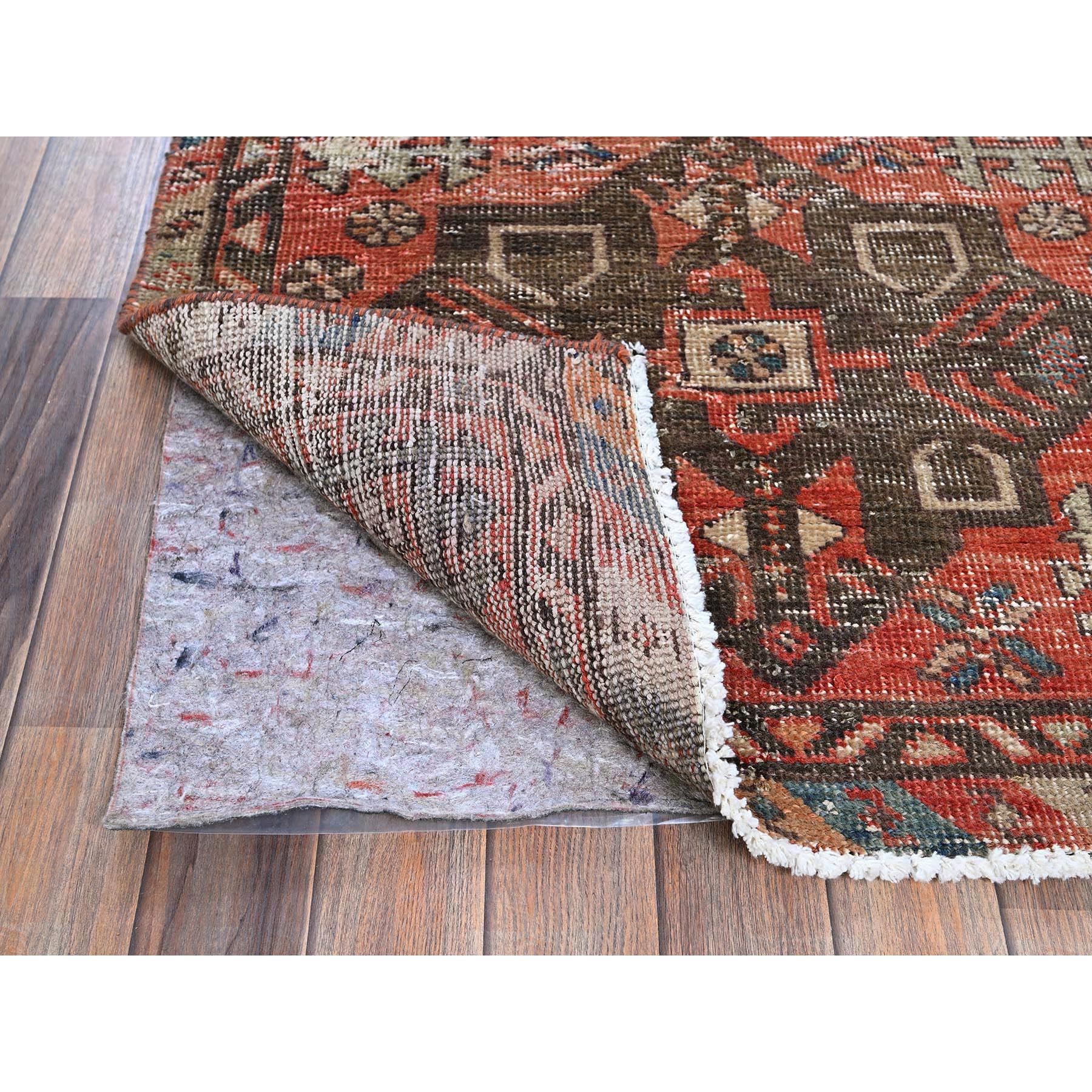 3'x10'3" Coral Red, Vintage Persian Bakhtiar with Tribal Medallions, Worn and Distressed, 100% Wool, Hand Knotted, Shaved Down, Zero Pile, Sides and Ends Professionally Secured, Runner, Oriental Rug Sh876