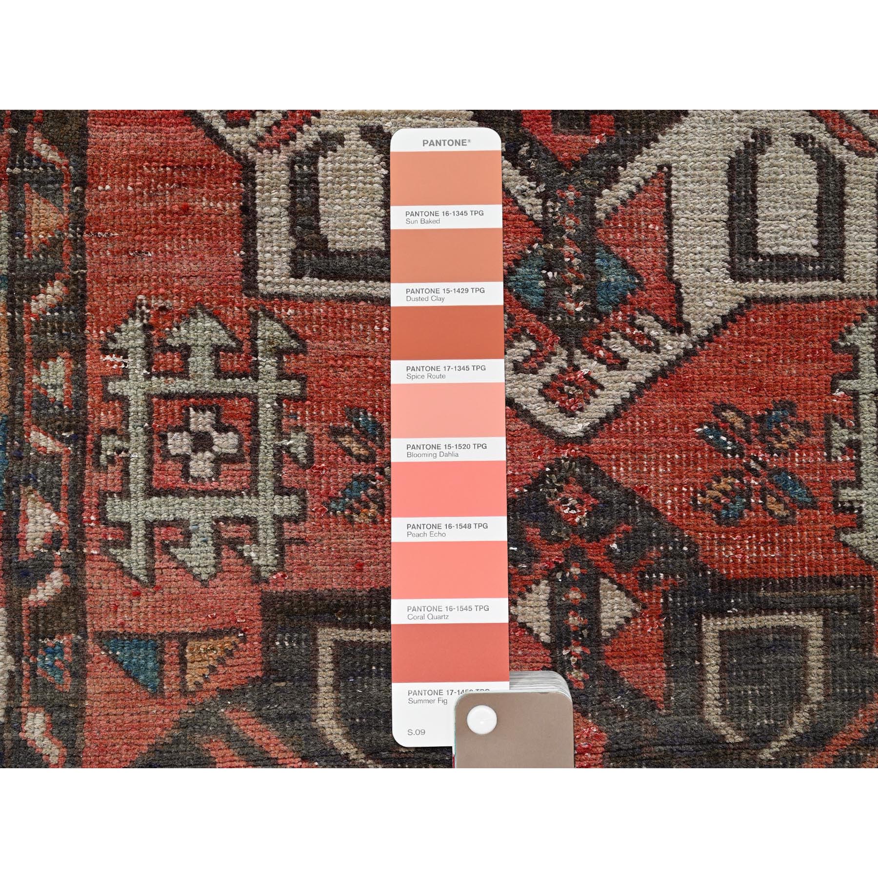 3'x10'3" Coral Red, Vintage Persian Bakhtiar with Tribal Medallions, Worn and Distressed, 100% Wool, Hand Knotted, Shaved Down, Zero Pile, Sides and Ends Professionally Secured, Runner, Oriental Rug Sh876