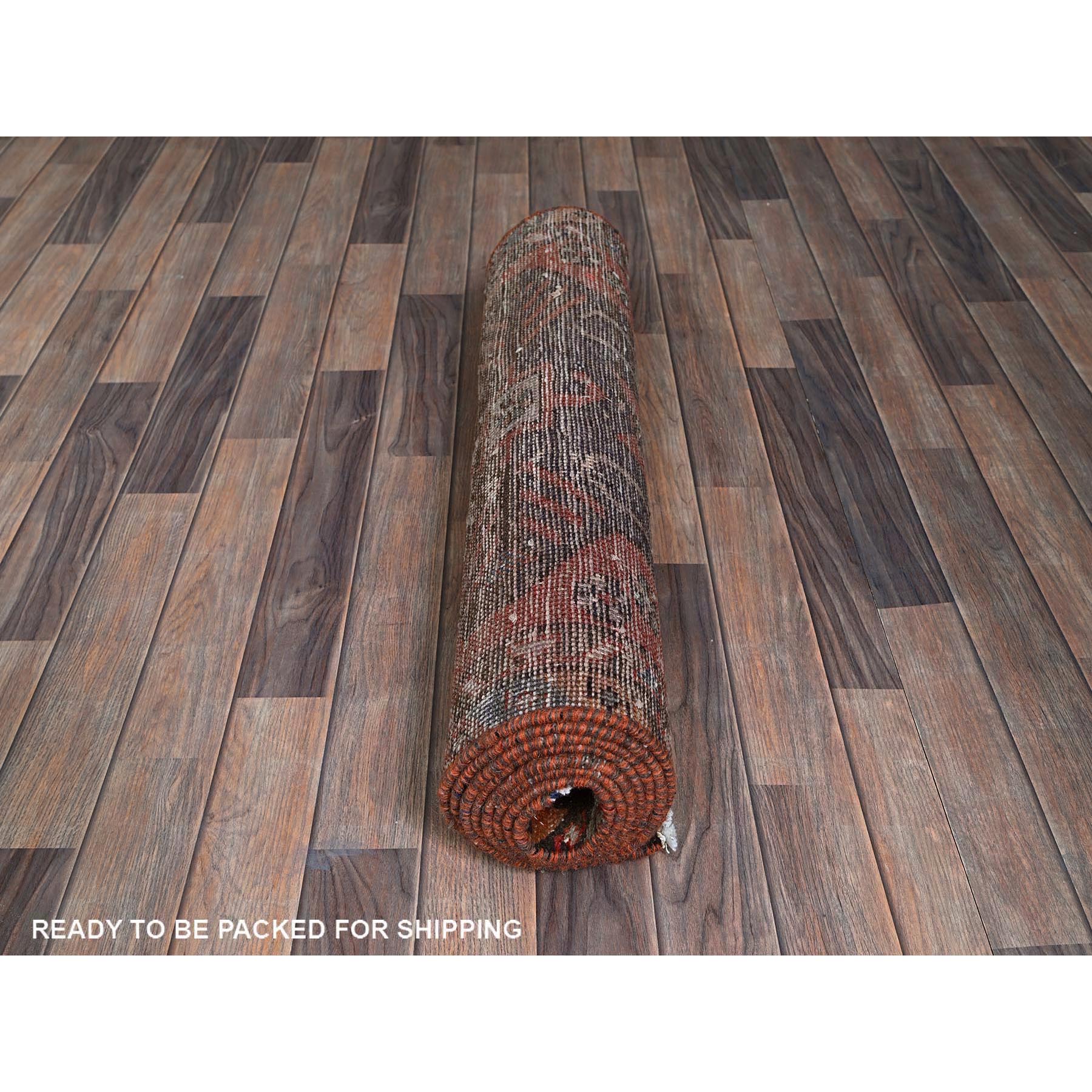 3'x10'3" Coral Red, Vintage Persian Bakhtiar with Tribal Medallions, Worn and Distressed, 100% Wool, Hand Knotted, Shaved Down, Zero Pile, Sides and Ends Professionally Secured, Runner, Oriental Rug Sh876