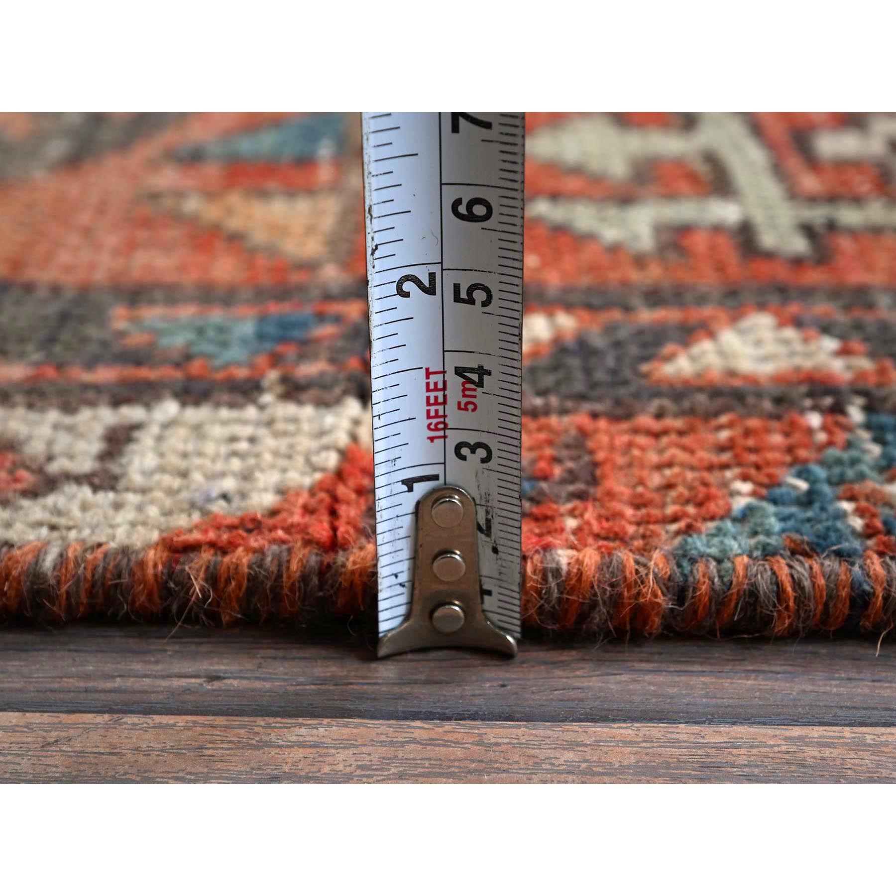 3'x10'3" Coral Red, Vintage Persian Bakhtiar with Tribal Medallions, Worn and Distressed, 100% Wool, Hand Knotted, Shaved Down, Zero Pile, Sides and Ends Professionally Secured, Runner, Oriental Rug Sh876