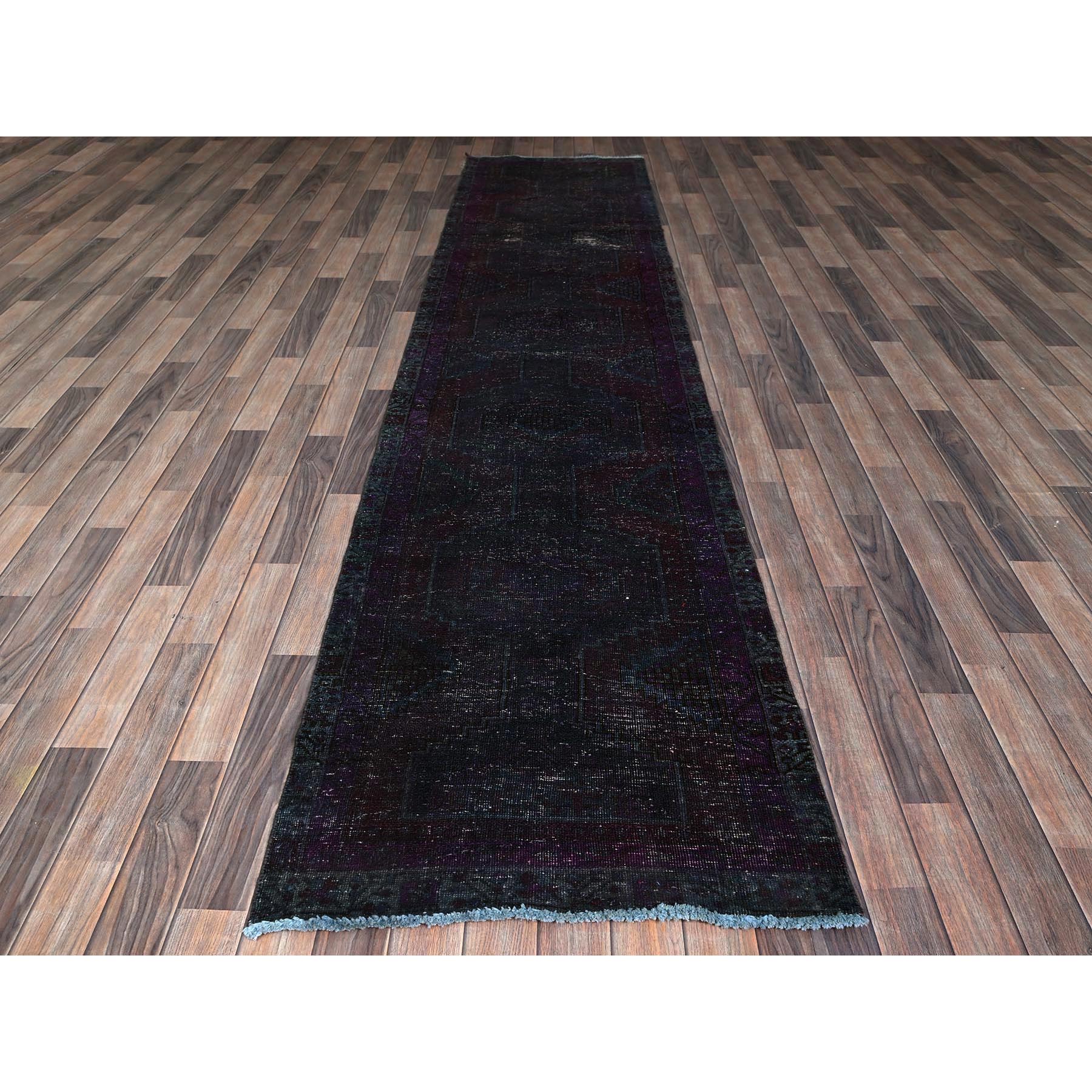 2'8"x12'1" Wine Red, Dark Colors, Overdyed Vintage Persian Hamadan, 100% Wool, Hand Knotted, Distressed, Cropped Thin, Sides and Ends Professionally Secured, Runner, Oriental Rug Sh877