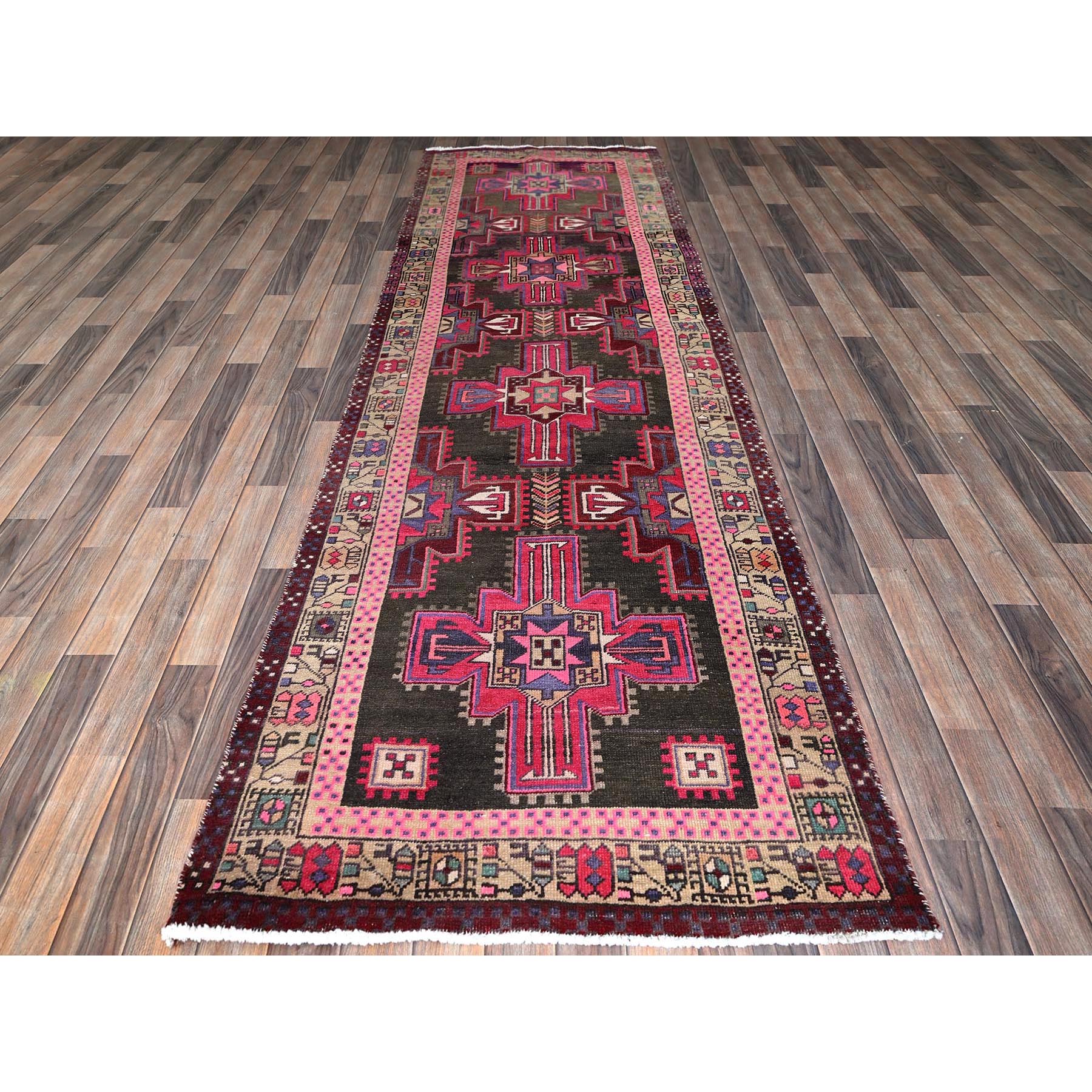 3'4"x10'1" Hot Pink, Vintage Persian Hamadan with Geometric Medallions, 100% Wool, Hand Knotted, Cropped Thin, Zero Pile, Evenly Worn, Sides and Ends Professionally Secured, Wide Runner, Oriental Rug Sh878