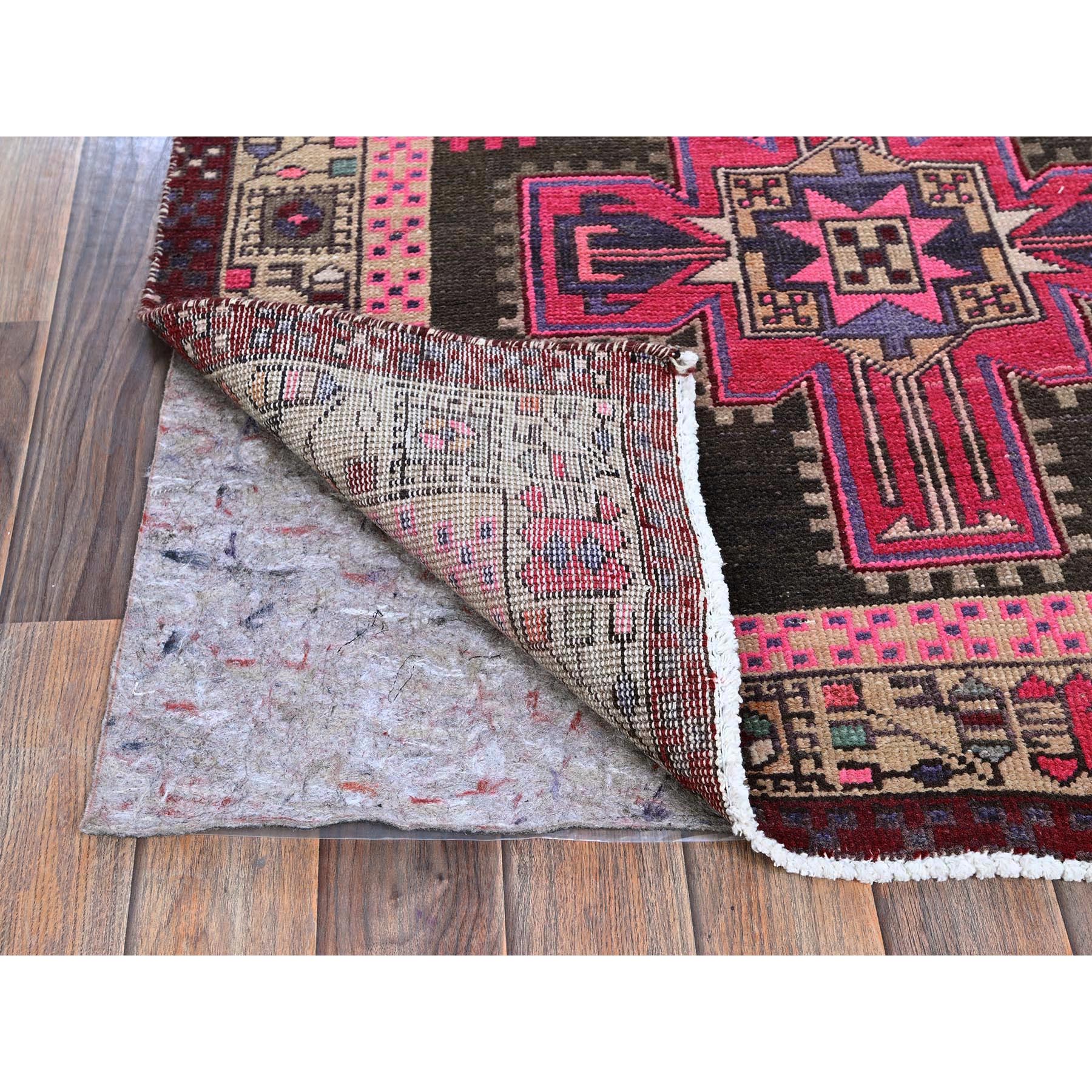 3'4"x10'1" Hot Pink, Vintage Persian Hamadan with Geometric Medallions, 100% Wool, Hand Knotted, Cropped Thin, Zero Pile, Evenly Worn, Sides and Ends Professionally Secured, Wide Runner, Oriental Rug Sh878