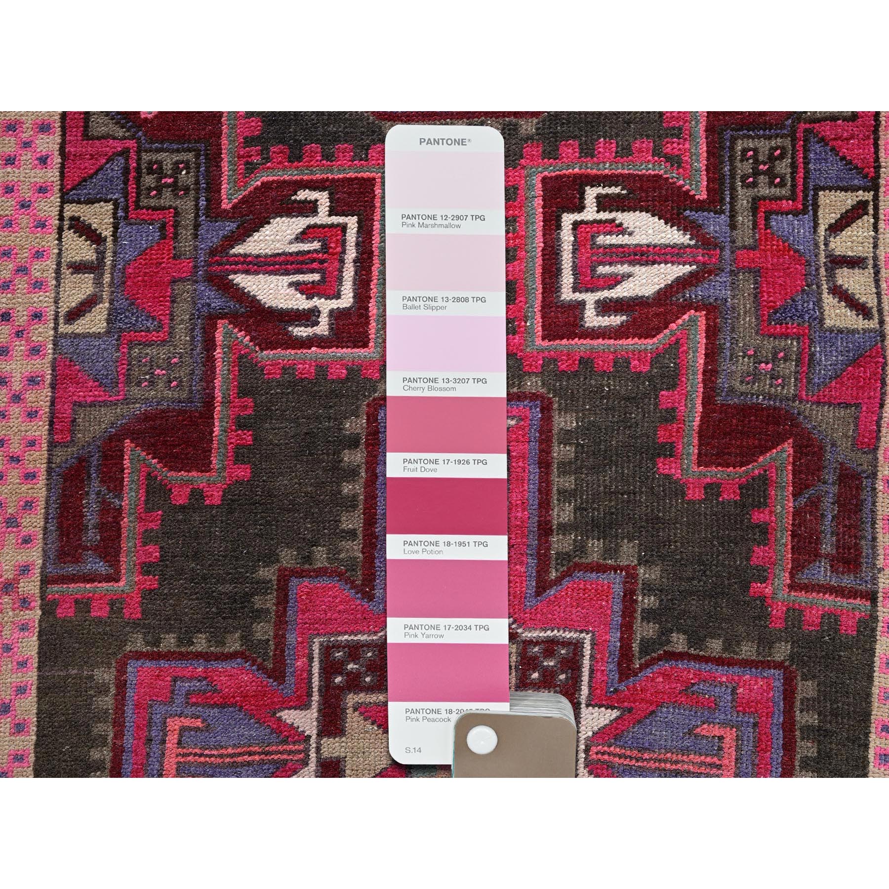 3'4"x10'1" Hot Pink, Vintage Persian Hamadan with Geometric Medallions, 100% Wool, Hand Knotted, Cropped Thin, Zero Pile, Evenly Worn, Sides and Ends Professionally Secured, Wide Runner, Oriental Rug Sh878