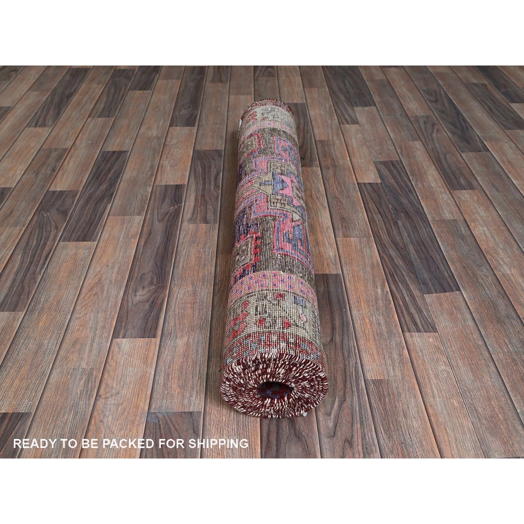 3'4"x10'1" Hot Pink, Vintage Persian Hamadan with Geometric Medallions, 100% Wool, Hand Knotted, Cropped Thin, Zero Pile, Evenly Worn, Sides and Ends Professionally Secured, Wide Runner, Oriental Rug Sh878