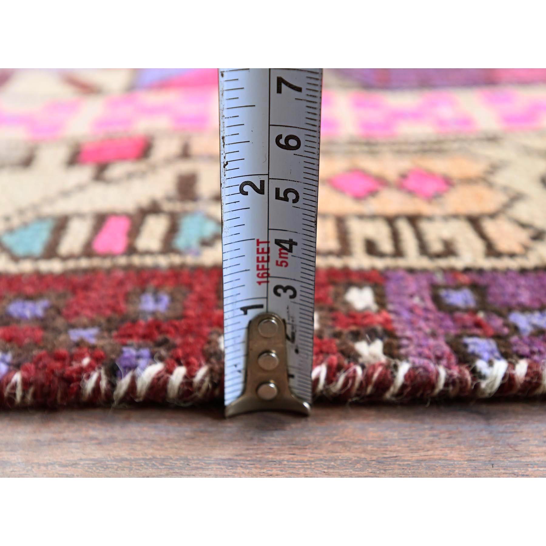 3'4"x10'1" Hot Pink, Vintage Persian Hamadan with Geometric Medallions, 100% Wool, Hand Knotted, Cropped Thin, Zero Pile, Evenly Worn, Sides and Ends Professionally Secured, Wide Runner, Oriental Rug Sh878