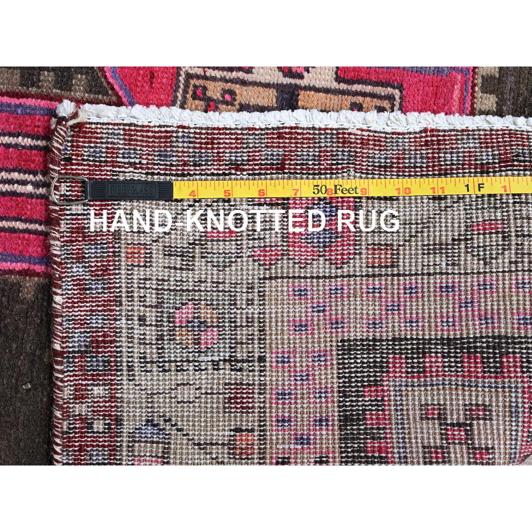 3'4"x10'1" Hot Pink, Vintage Persian Hamadan with Geometric Medallions, 100% Wool, Hand Knotted, Cropped Thin, Zero Pile, Evenly Worn, Sides and Ends Professionally Secured, Wide Runner, Oriental Rug Sh878