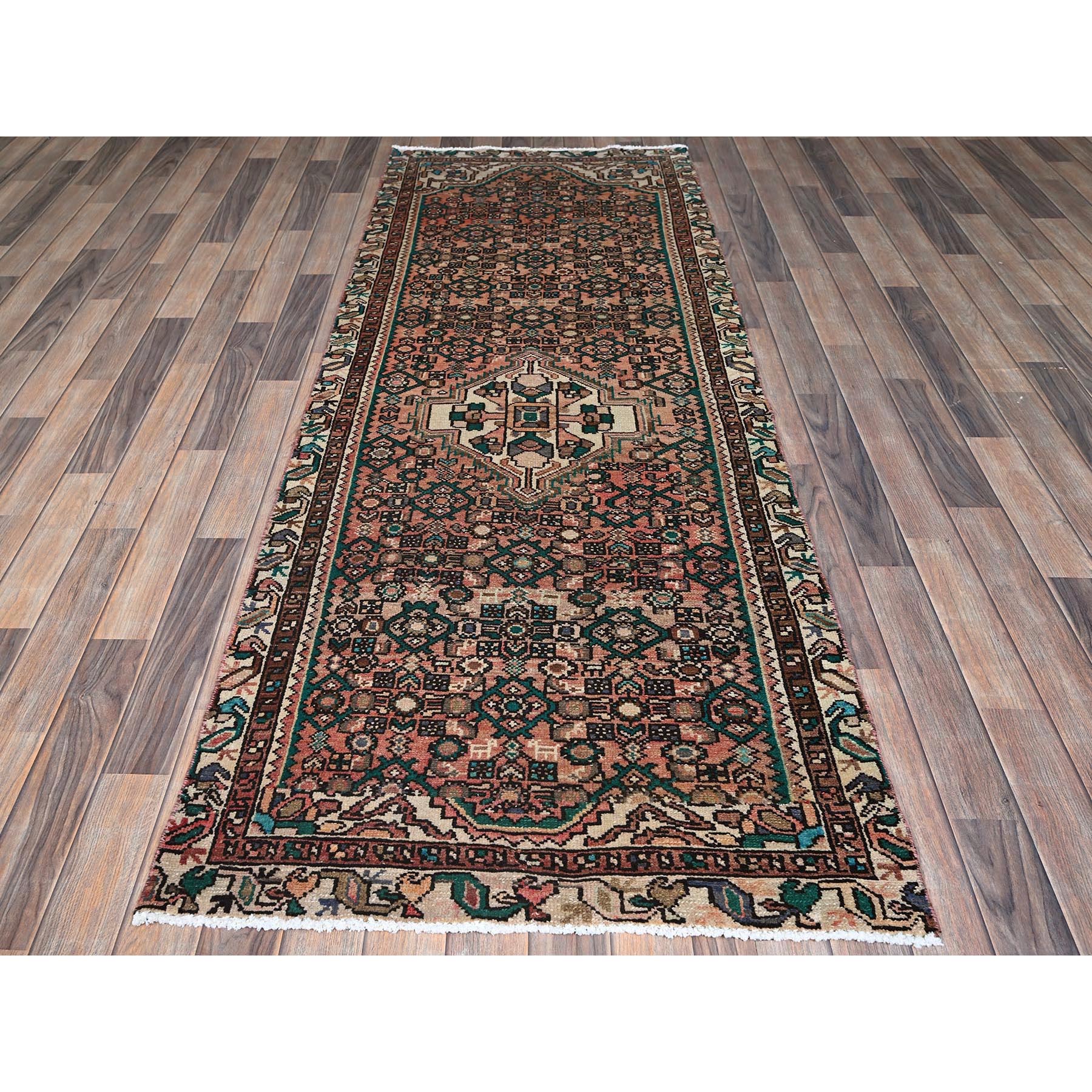 3'x8'1" Salmon Color, Vintage Persian Hamadan with Fish Repetitive Intricate Geometric Design, Shaved Down, Zero Pile, Sides and Ends Professionally Secured, Hand Knotted, Pure Wool, Runner, Oriental Rug Sh880