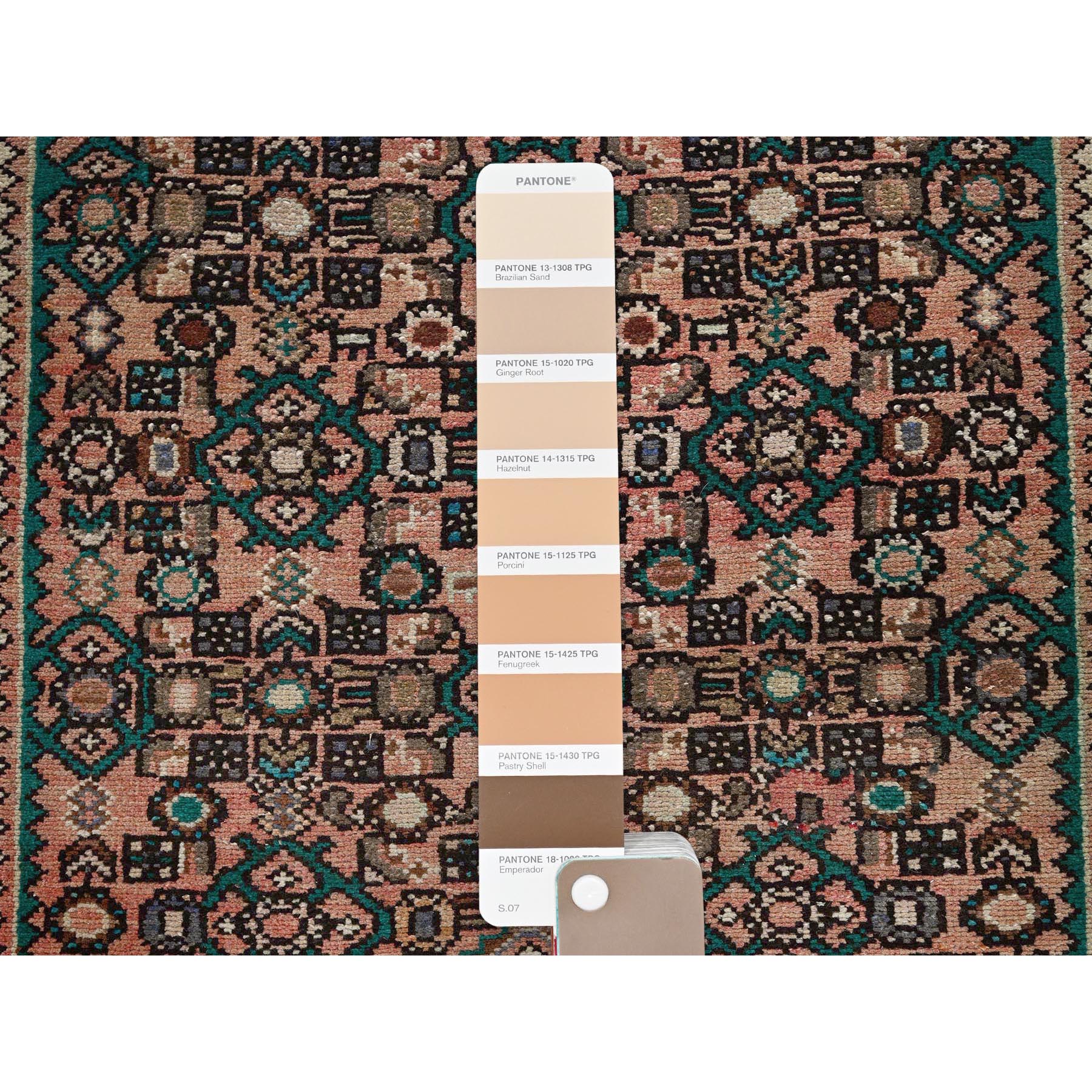 3'x8'1" Salmon Color, Vintage Persian Hamadan with Fish Repetitive Intricate Geometric Design, Shaved Down, Zero Pile, Sides and Ends Professionally Secured, Hand Knotted, Pure Wool, Runner, Oriental Rug Sh880