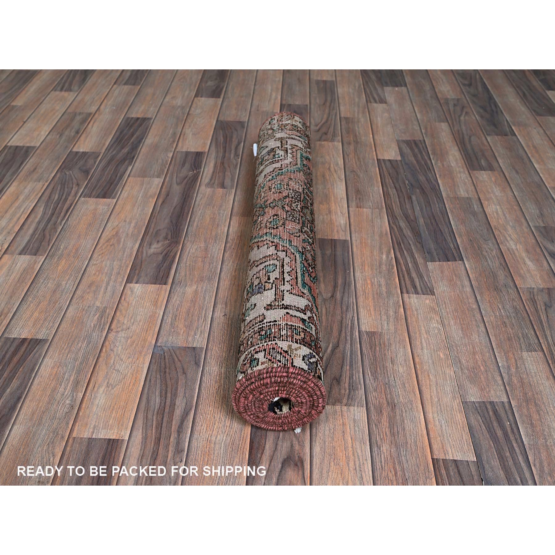 3'x8'1" Salmon Color, Vintage Persian Hamadan with Fish Repetitive Intricate Geometric Design, Shaved Down, Zero Pile, Sides and Ends Professionally Secured, Hand Knotted, Pure Wool, Runner, Oriental Rug Sh880