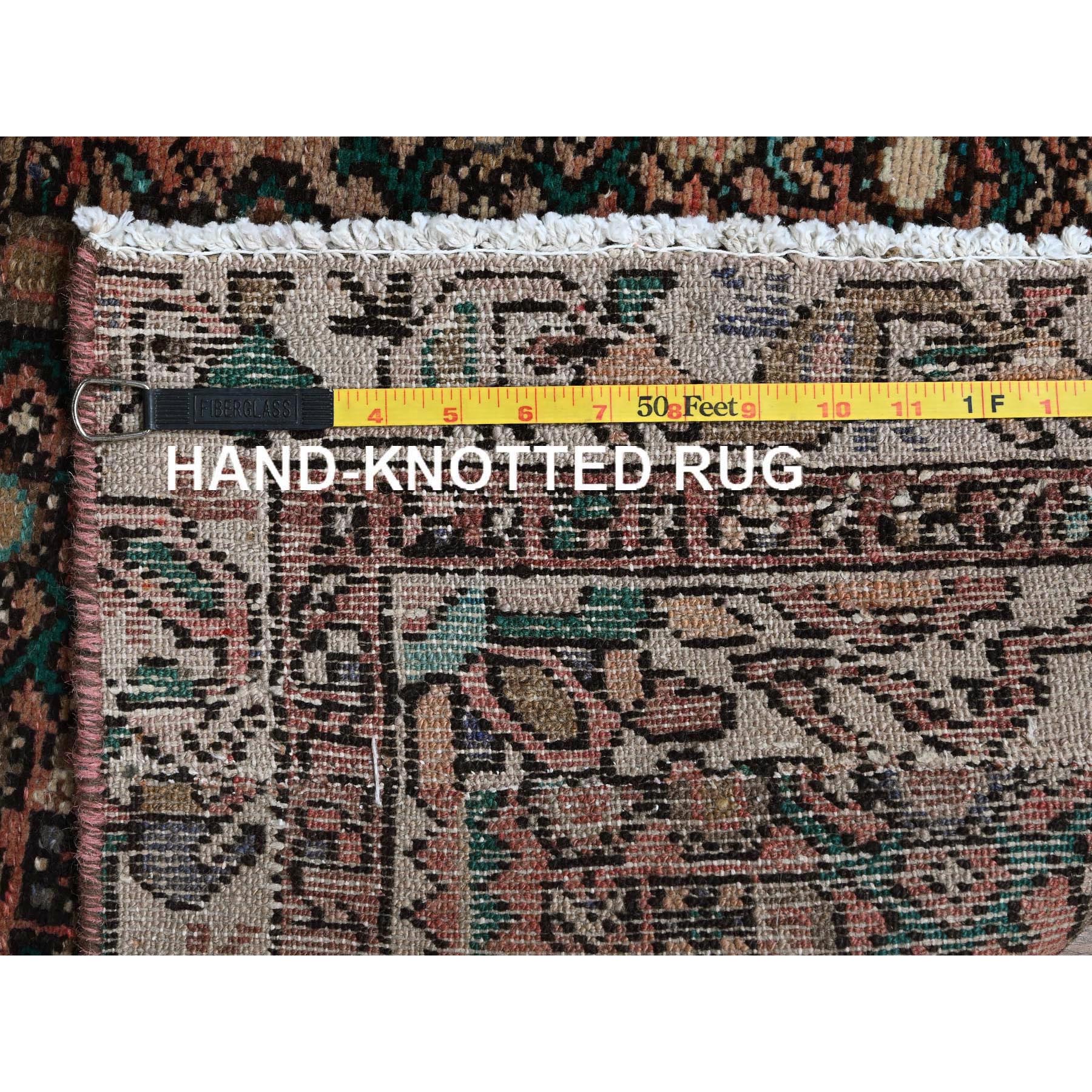 3'x8'1" Salmon Color, Vintage Persian Hamadan with Fish Repetitive Intricate Geometric Design, Shaved Down, Zero Pile, Sides and Ends Professionally Secured, Hand Knotted, Pure Wool, Runner, Oriental Rug Sh880