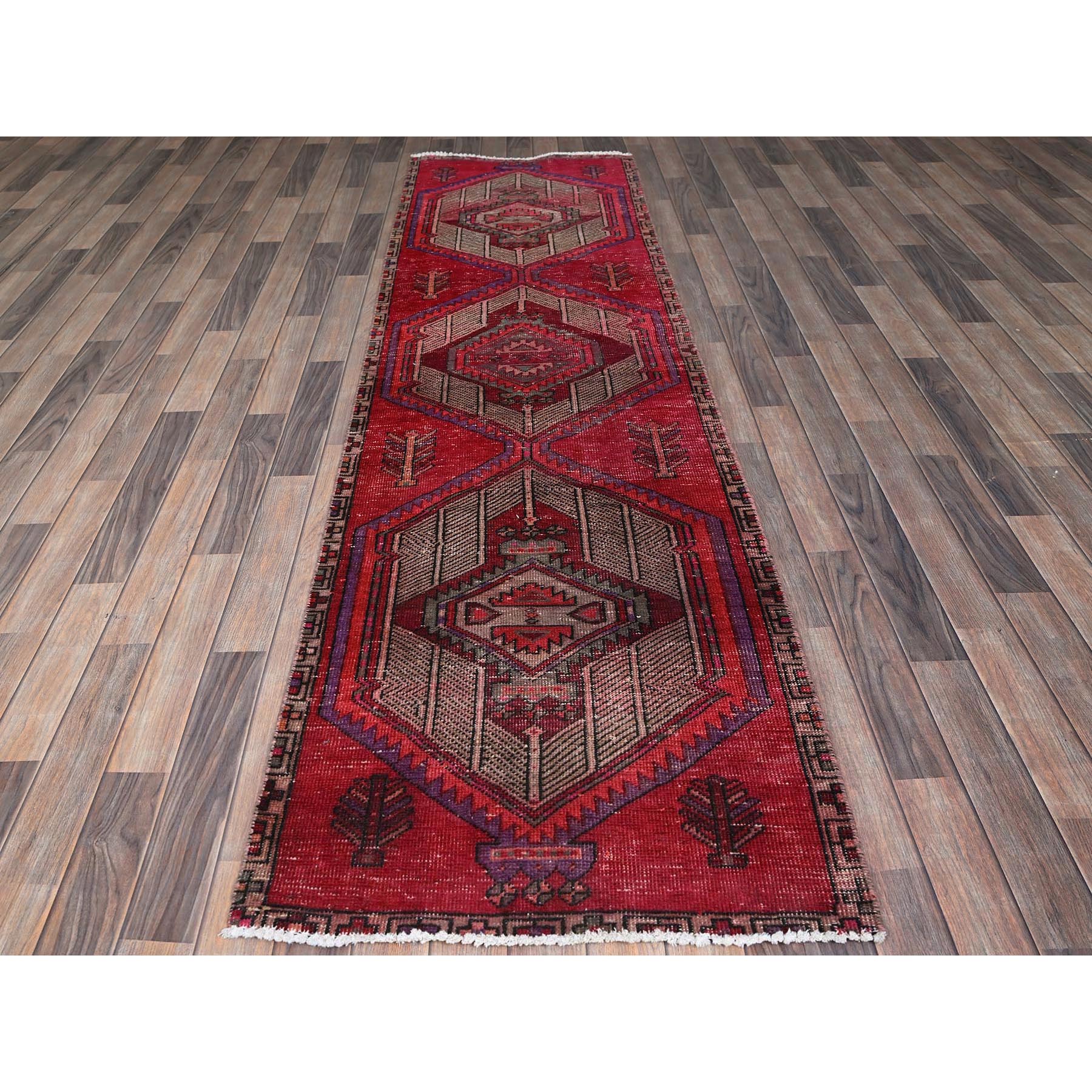 2'7"x9'7" Berry Red, Overdyed Vintage Persian Serab with Geometric Medallions Design, Shaved Low, Zero Pile, Sides and Ends Professionally Secured, Hand Knotted, Pure Wool, Runner, Oriental Rug Sh881