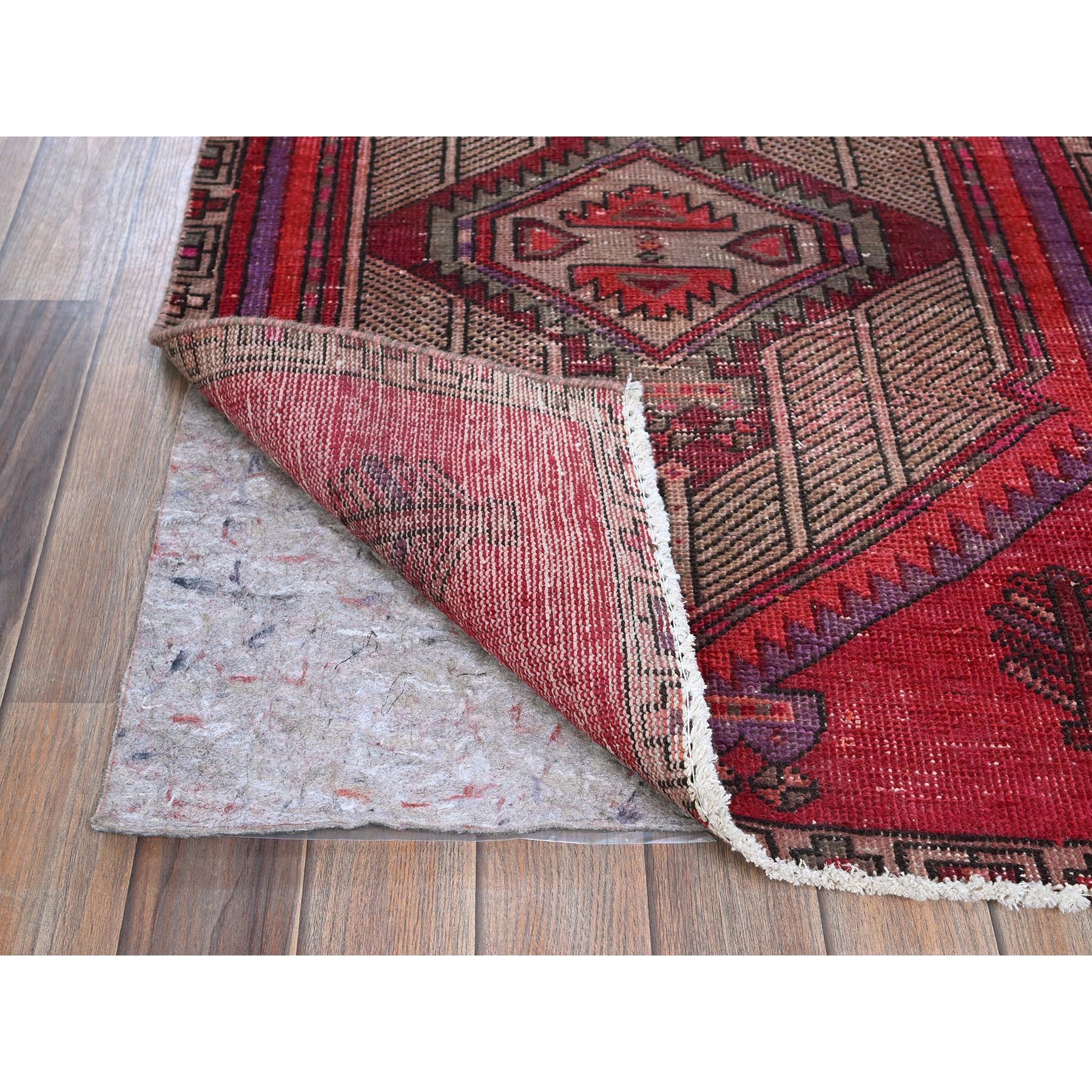 2'7"x9'7" Berry Red, Overdyed Vintage Persian Serab with Geometric Medallions Design, Shaved Low, Zero Pile, Sides and Ends Professionally Secured, Hand Knotted, Pure Wool, Runner, Oriental Rug Sh881