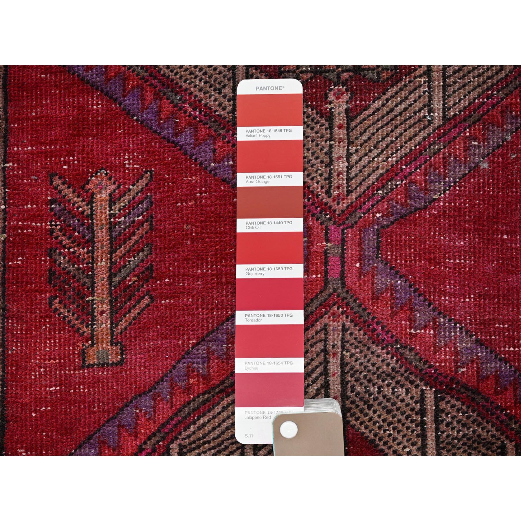 2'7"x9'7" Berry Red, Overdyed Vintage Persian Serab with Geometric Medallions Design, Shaved Low, Zero Pile, Sides and Ends Professionally Secured, Hand Knotted, Pure Wool, Runner, Oriental Rug Sh881