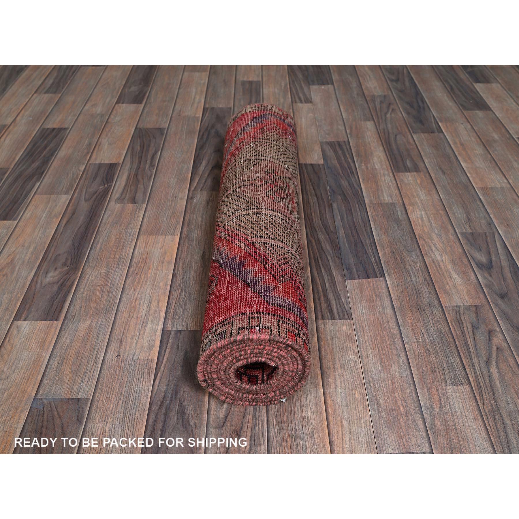 2'7"x9'7" Berry Red, Overdyed Vintage Persian Serab with Geometric Medallions Design, Shaved Low, Zero Pile, Sides and Ends Professionally Secured, Hand Knotted, Pure Wool, Runner, Oriental Rug Sh881