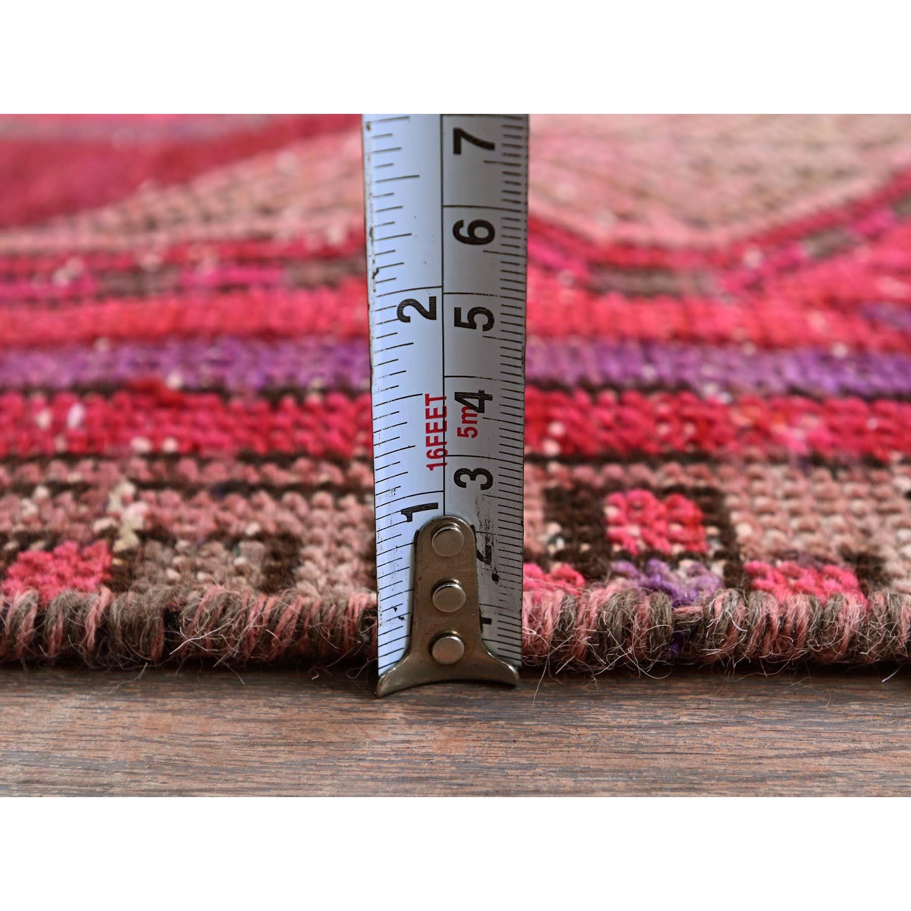 2'7"x9'7" Berry Red, Overdyed Vintage Persian Serab with Geometric Medallions Design, Shaved Low, Zero Pile, Sides and Ends Professionally Secured, Hand Knotted, Pure Wool, Runner, Oriental Rug Sh881