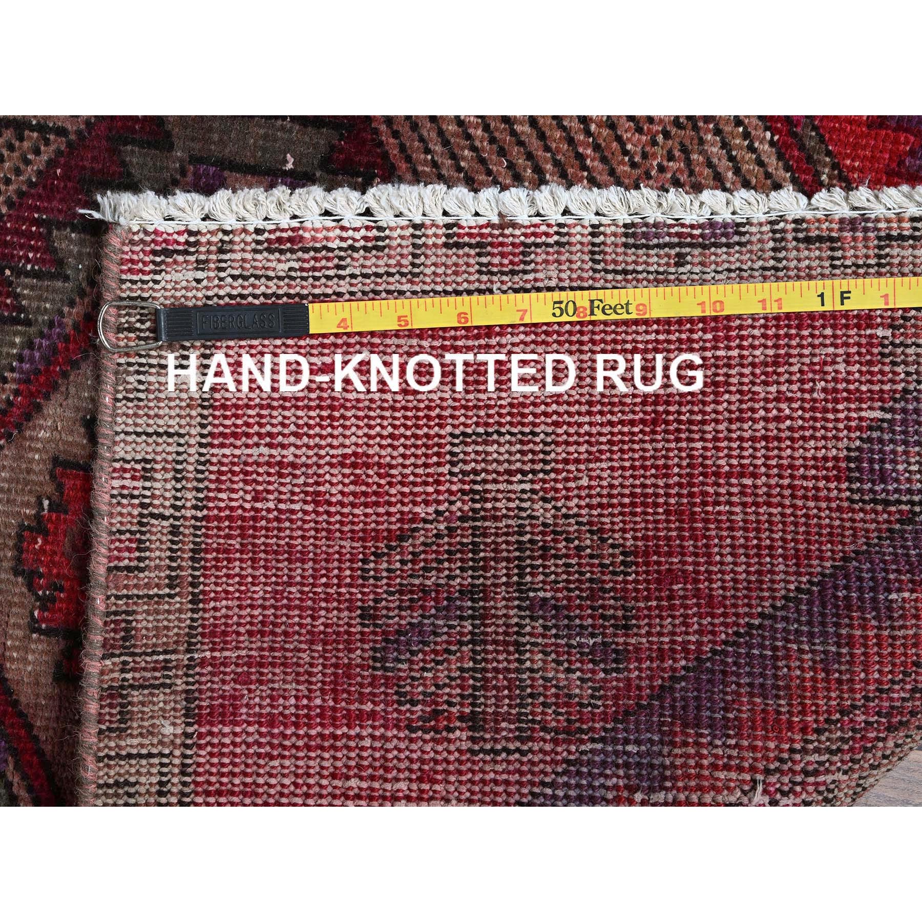2'7"x9'7" Berry Red, Overdyed Vintage Persian Serab with Geometric Medallions Design, Shaved Low, Zero Pile, Sides and Ends Professionally Secured, Hand Knotted, Pure Wool, Runner, Oriental Rug Sh881