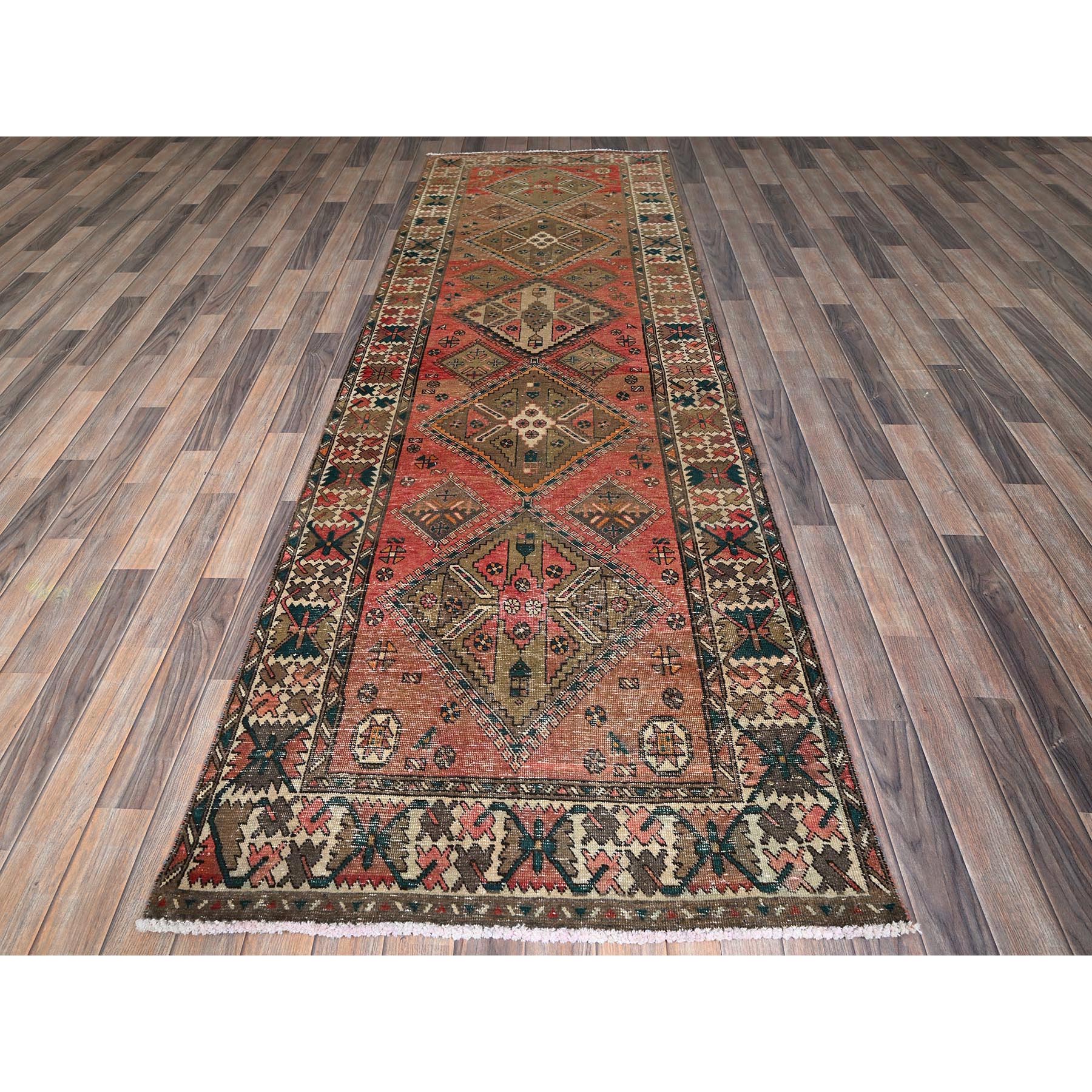 3'5"x10'3" Blush Red with Army Green, Vintage Persian Bakhtiar, Geometric Design, Distinct Abrash, Shaved Down, Zero Pile, Sides and Ends Professionally Secured, Clean, Hand Knotted, Pure Wool, Wide Runner, Oriental Rug Sh882