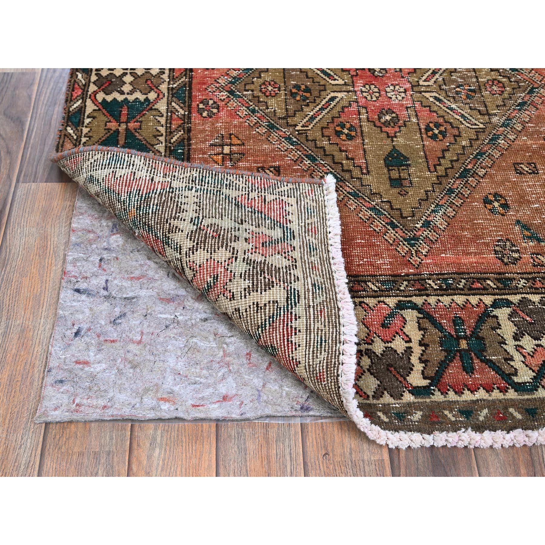 3'5"x10'3" Blush Red with Army Green, Vintage Persian Bakhtiar, Geometric Design, Distinct Abrash, Shaved Down, Zero Pile, Sides and Ends Professionally Secured, Clean, Hand Knotted, Pure Wool, Wide Runner, Oriental Rug Sh882