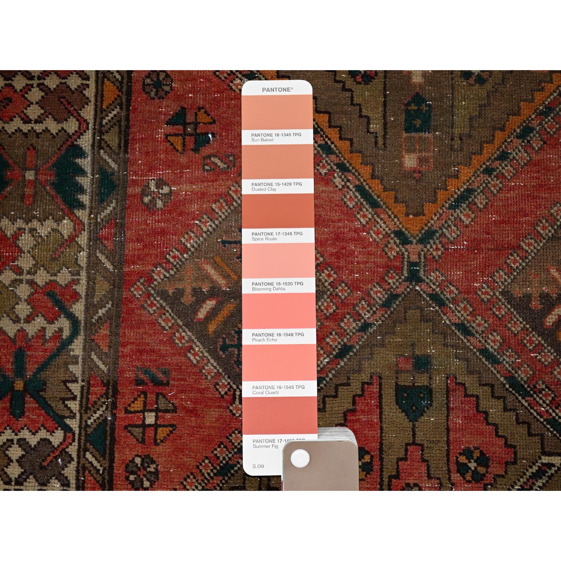 3'5"x10'3" Blush Red with Army Green, Vintage Persian Bakhtiar, Geometric Design, Distinct Abrash, Shaved Down, Zero Pile, Sides and Ends Professionally Secured, Clean, Hand Knotted, Pure Wool, Wide Runner, Oriental Rug Sh882
