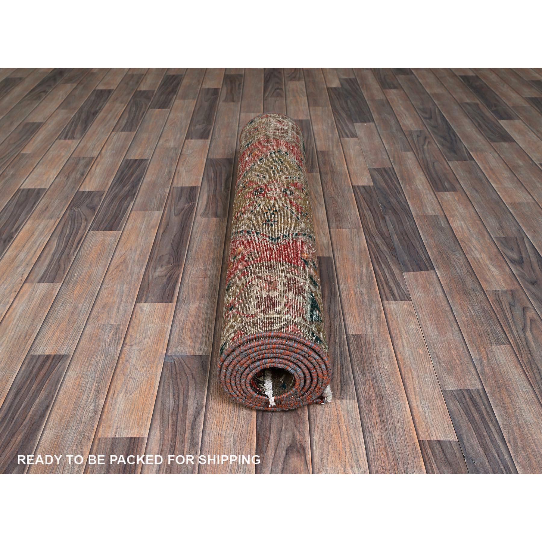 3'5"x10'3" Blush Red with Army Green, Vintage Persian Bakhtiar, Geometric Design, Distinct Abrash, Shaved Down, Zero Pile, Sides and Ends Professionally Secured, Clean, Hand Knotted, Pure Wool, Wide Runner, Oriental Rug Sh882