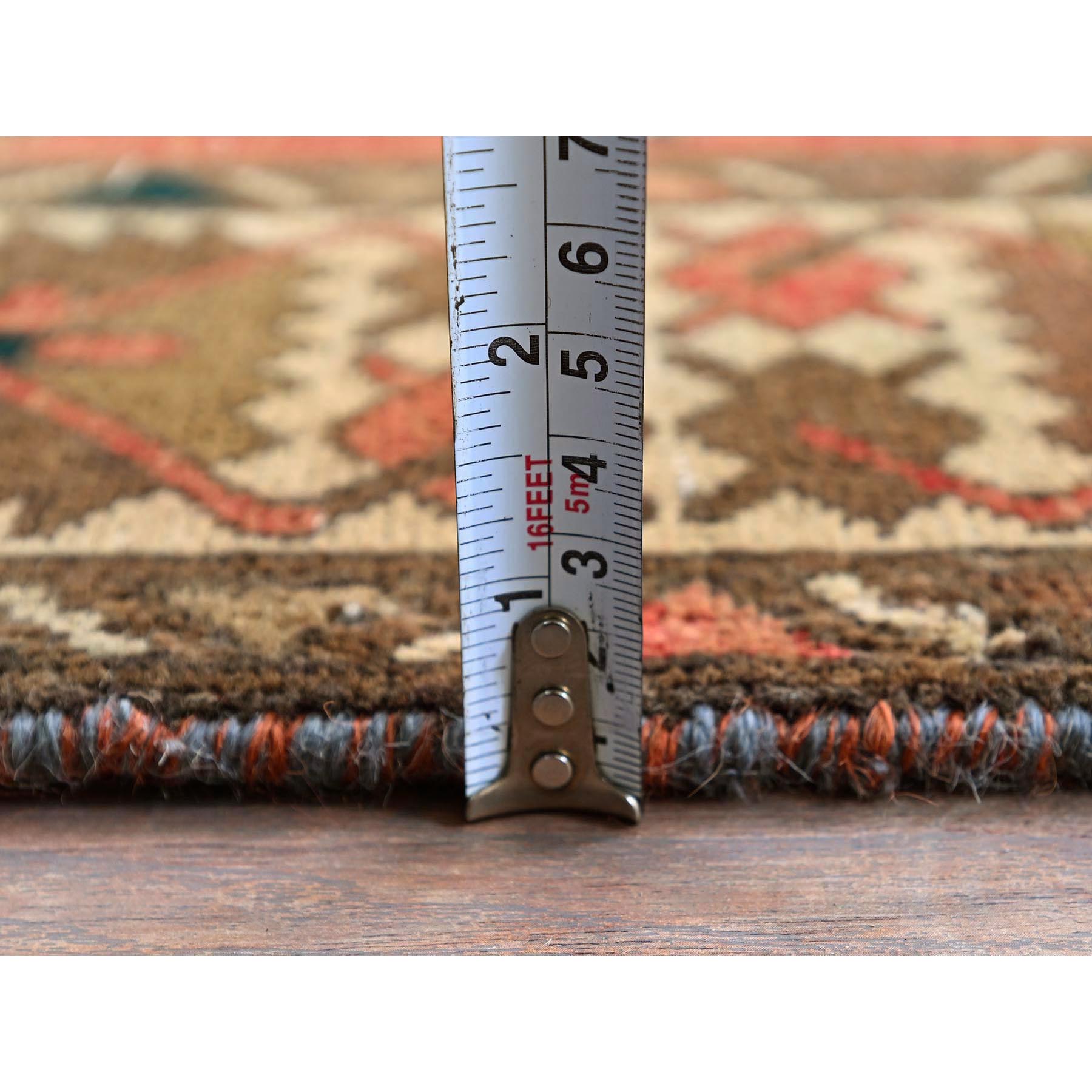 3'5"x10'3" Blush Red with Army Green, Vintage Persian Bakhtiar, Geometric Design, Distinct Abrash, Shaved Down, Zero Pile, Sides and Ends Professionally Secured, Clean, Hand Knotted, Pure Wool, Wide Runner, Oriental Rug Sh882