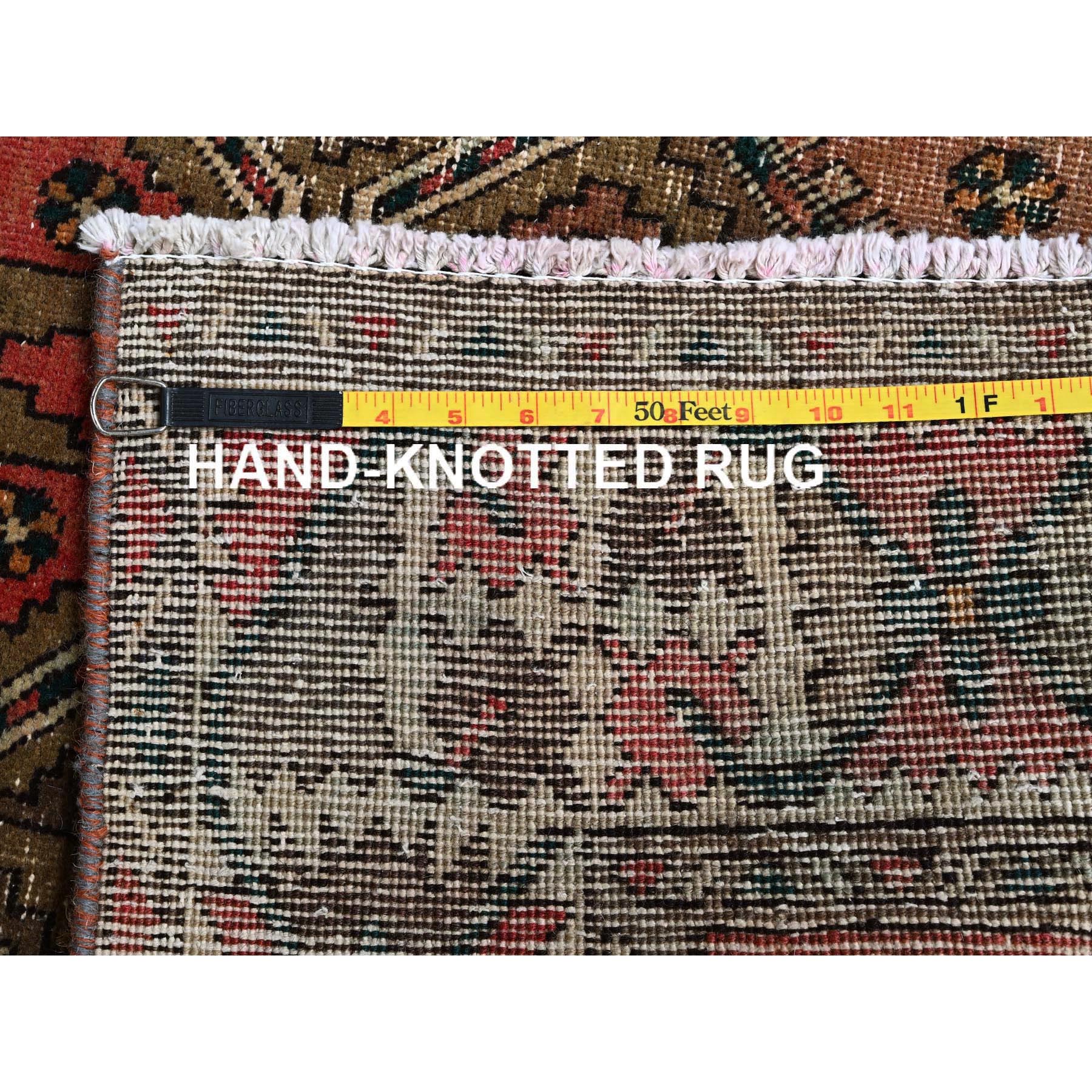 3'5"x10'3" Blush Red with Army Green, Vintage Persian Bakhtiar, Geometric Design, Distinct Abrash, Shaved Down, Zero Pile, Sides and Ends Professionally Secured, Clean, Hand Knotted, Pure Wool, Wide Runner, Oriental Rug Sh882
