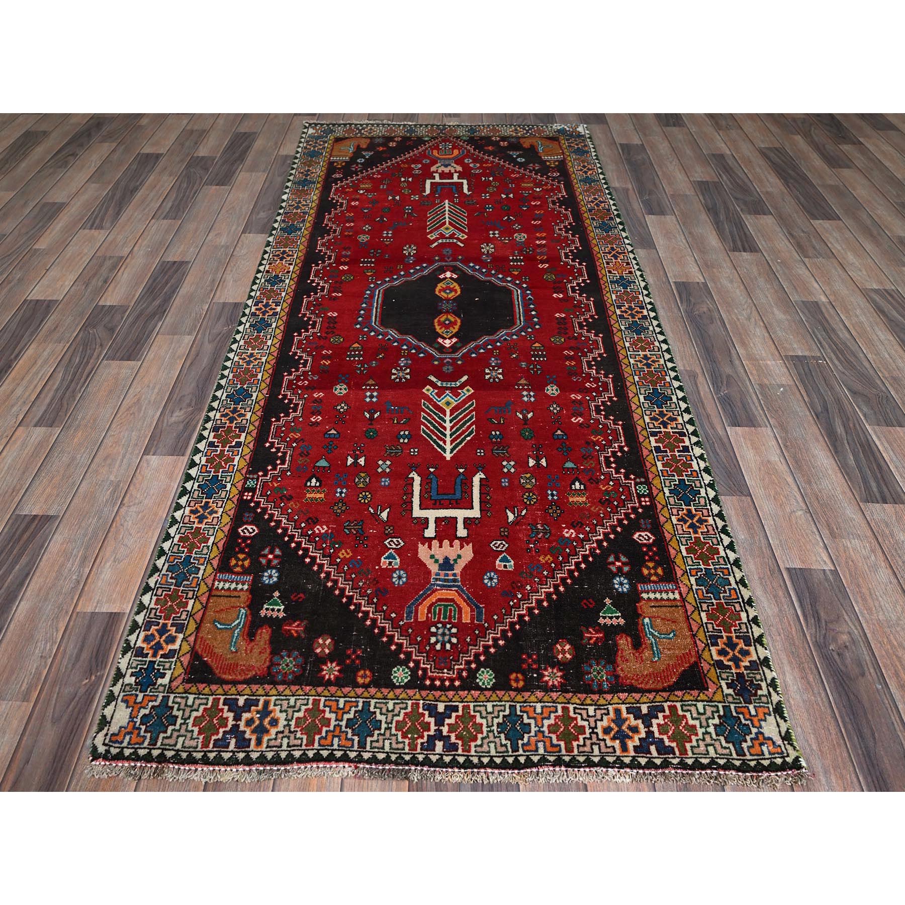 3'5"x8'2" Crimson Red, Vintage Persian Shiraz with Geometric Pattern, Small Animal Figurines, Shaved Low, Zero Pile, Sides and Ends Professionally Secured, Clean, Hand Knotted, Pure Wool, Wide Runner, Oriental Rug Sh883