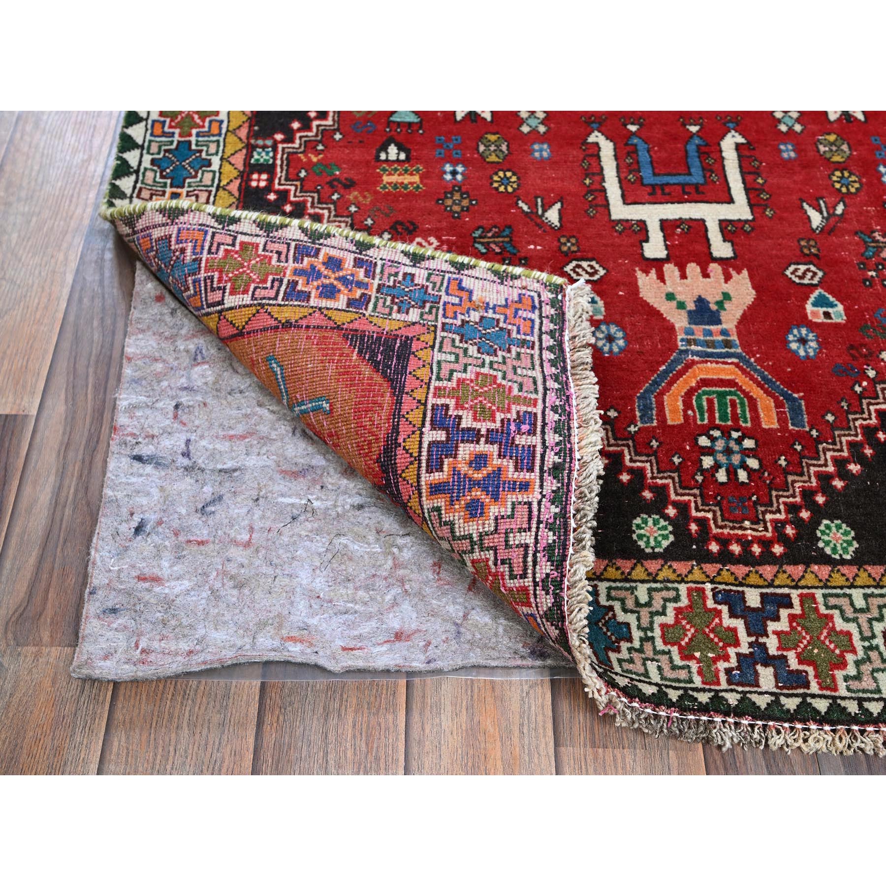 3'5"x8'2" Crimson Red, Vintage Persian Shiraz with Geometric Pattern, Small Animal Figurines, Shaved Low, Zero Pile, Sides and Ends Professionally Secured, Clean, Hand Knotted, Pure Wool, Wide Runner, Oriental Rug Sh883
