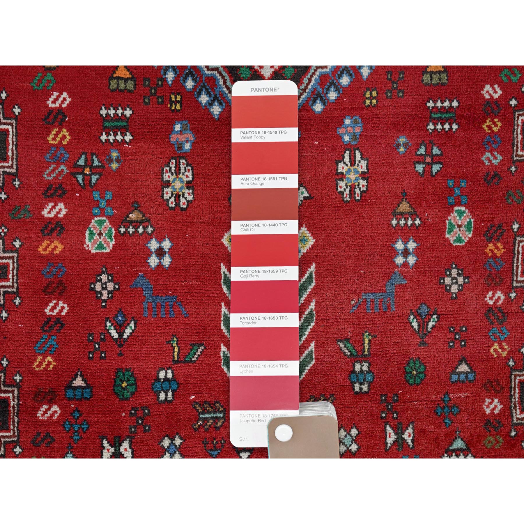 3'5"x8'2" Crimson Red, Vintage Persian Shiraz with Geometric Pattern, Small Animal Figurines, Shaved Low, Zero Pile, Sides and Ends Professionally Secured, Clean, Hand Knotted, Pure Wool, Wide Runner, Oriental Rug Sh883