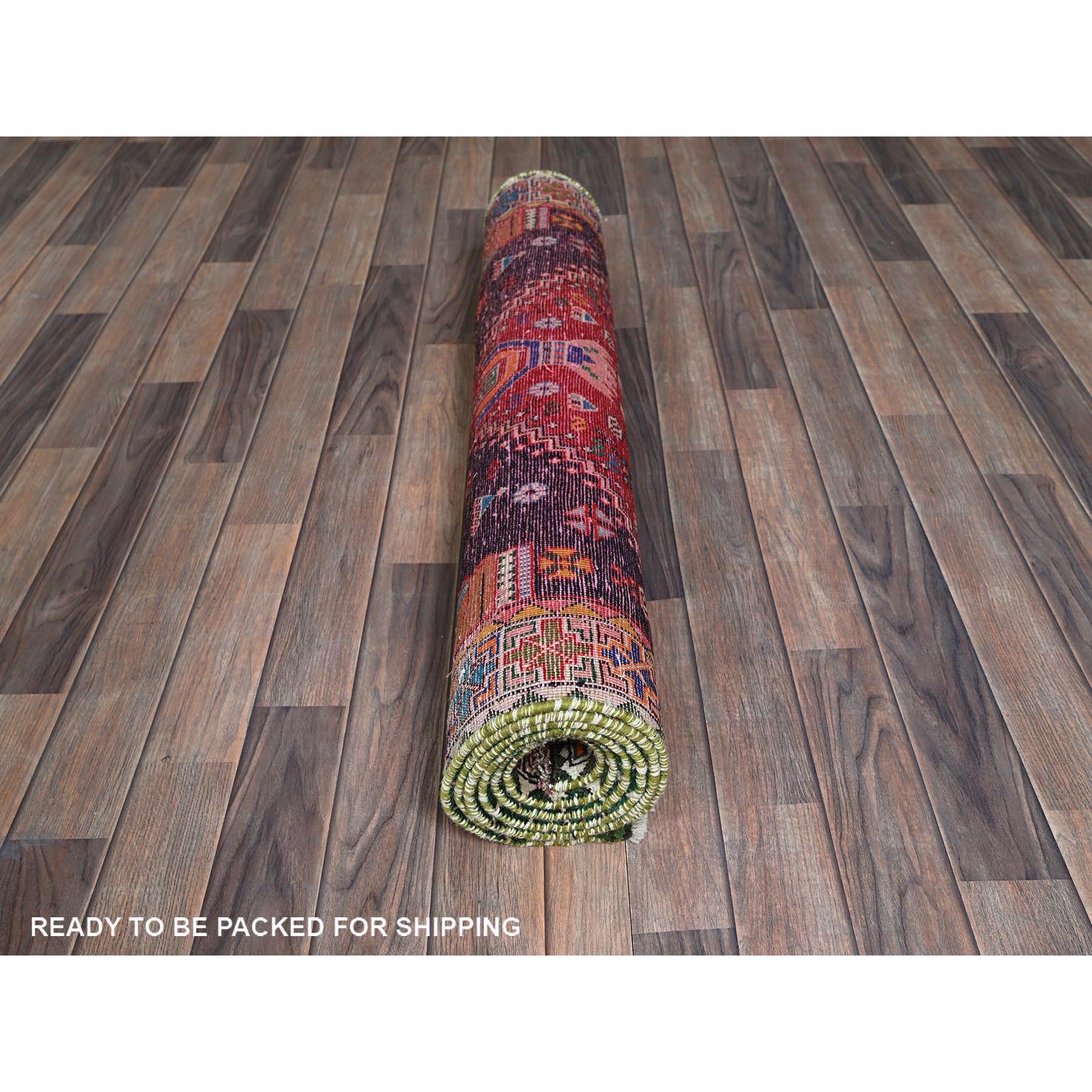 3'5"x8'2" Crimson Red, Vintage Persian Shiraz with Geometric Pattern, Small Animal Figurines, Shaved Low, Zero Pile, Sides and Ends Professionally Secured, Clean, Hand Knotted, Pure Wool, Wide Runner, Oriental Rug Sh883