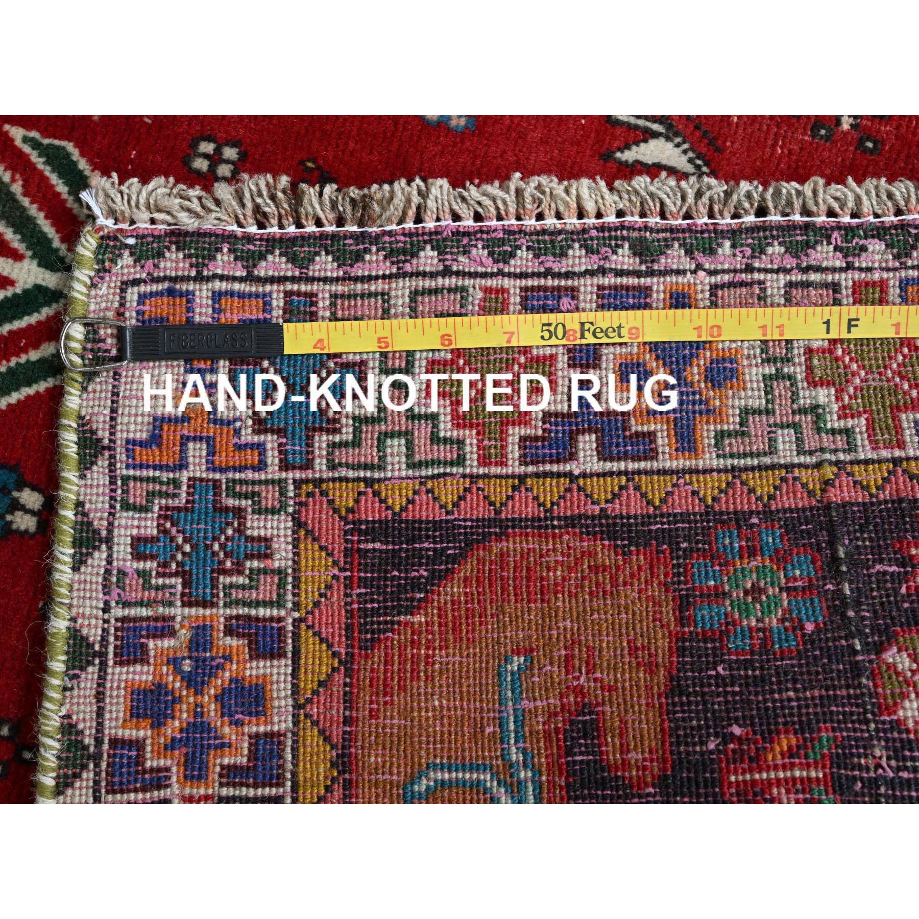 3'5"x8'2" Crimson Red, Vintage Persian Shiraz with Geometric Pattern, Small Animal Figurines, Shaved Low, Zero Pile, Sides and Ends Professionally Secured, Clean, Hand Knotted, Pure Wool, Wide Runner, Oriental Rug Sh883