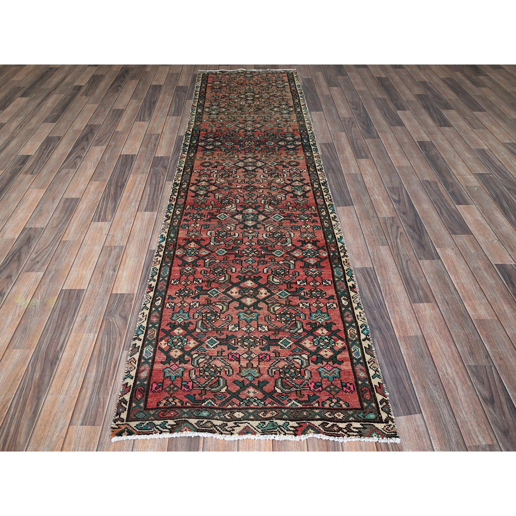 2'7"x9'1" Blush Red, Vintage Persian Hamadan with All Over Fish Design, Sheared Low, Zero Pile, Sides and Ends Professionally Secured, Clean, Hand Knotted, Pure Wool, Narrow Runner, Oriental Rug Sh884