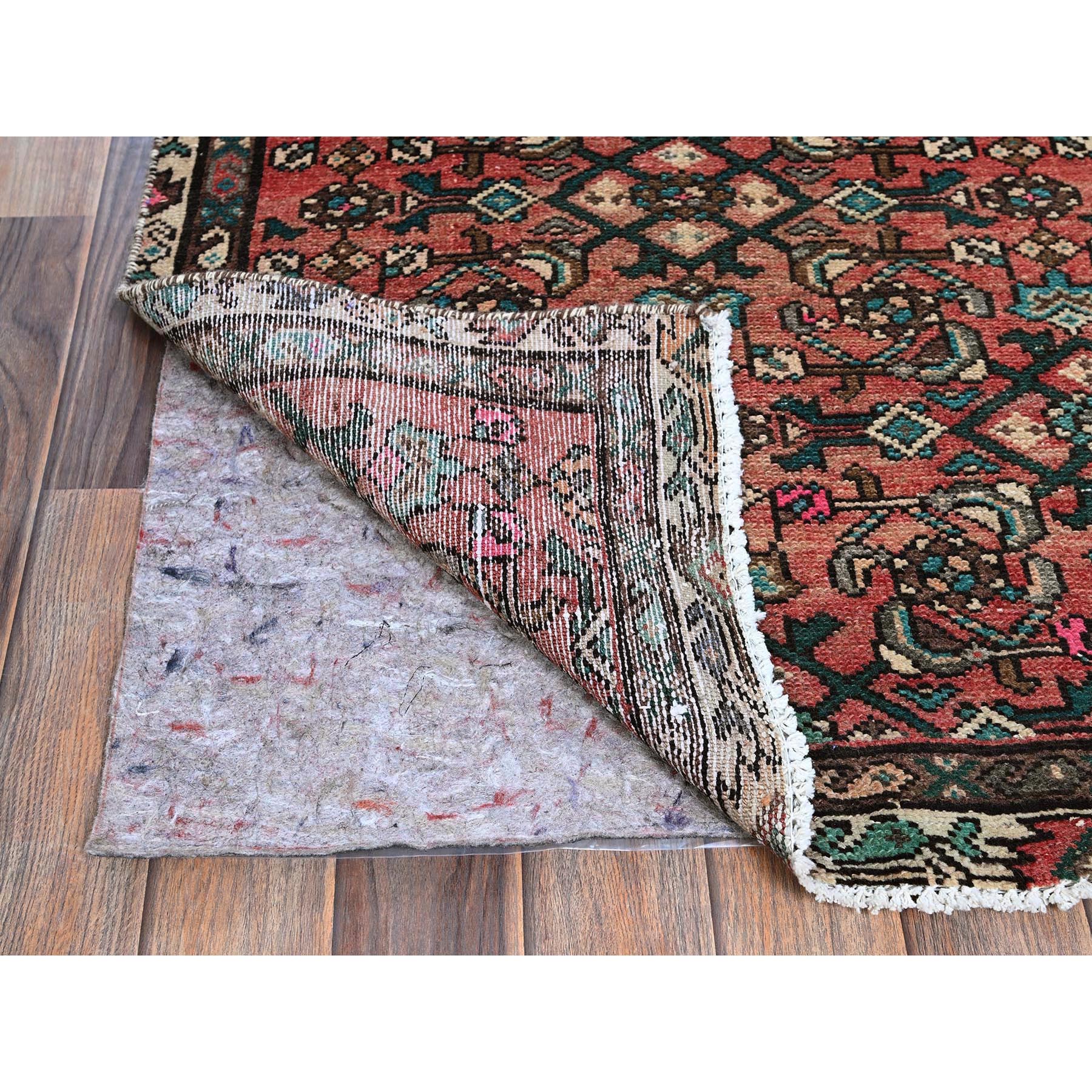 2'7"x9'1" Blush Red, Vintage Persian Hamadan with All Over Fish Design, Sheared Low, Zero Pile, Sides and Ends Professionally Secured, Clean, Hand Knotted, Pure Wool, Narrow Runner, Oriental Rug Sh884