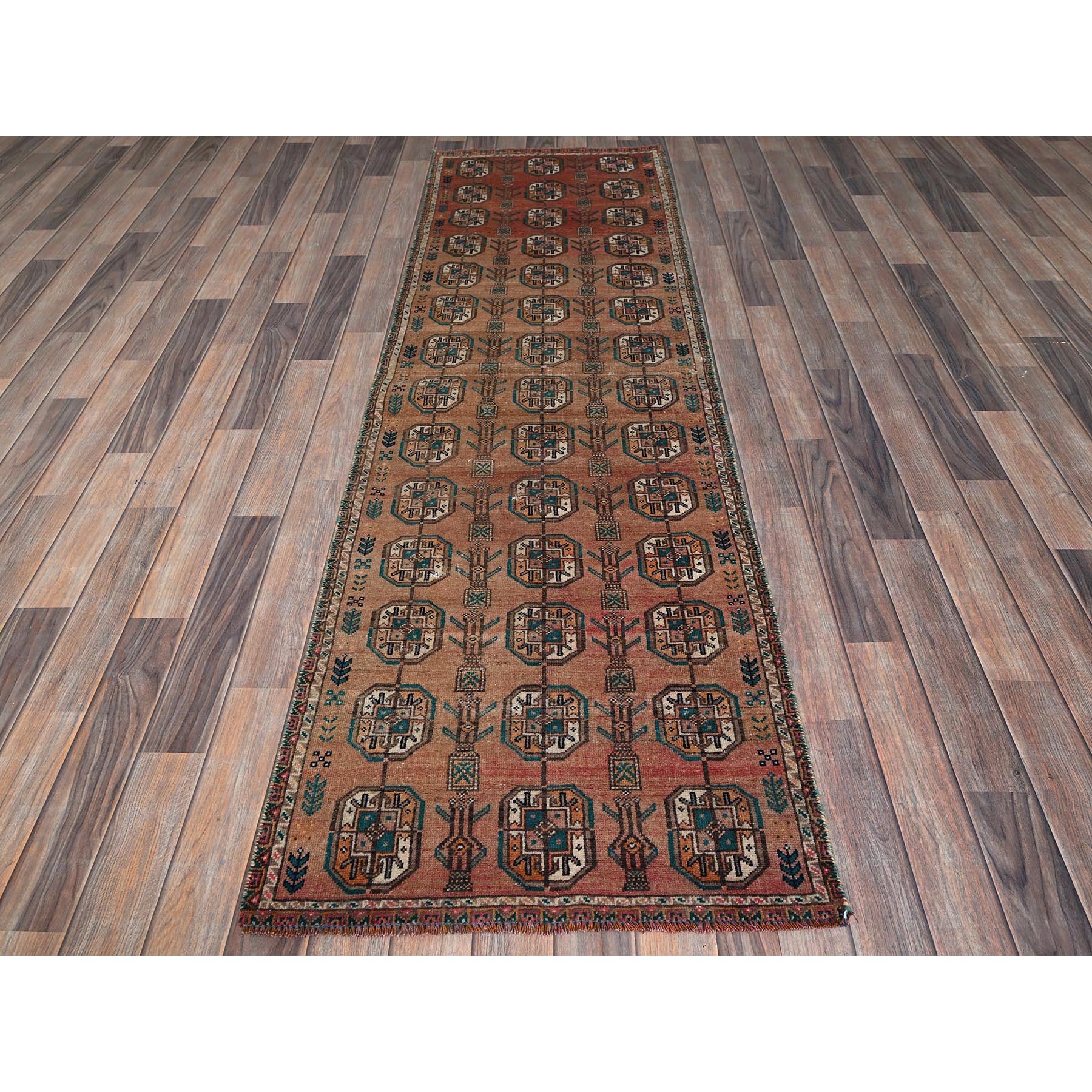 2'4"x7'8" Cafe Au Lait Brown, Vintage Persian Shiraz with Turkoman Elephant Feet Design, Distinct Abrash, Shaved Down, Zero Pile, Hand Knotted, 100% Wool, Sides and Ends Professionally Secured, Narrow Runner, Oriental Rug Sh886
