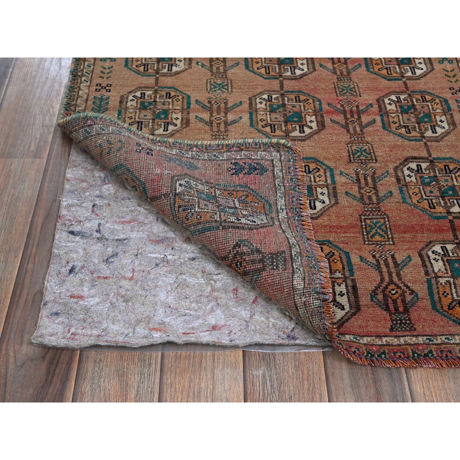 2'4"x7'8" Cafe Au Lait Brown, Vintage Persian Shiraz with Turkoman Elephant Feet Design, Distinct Abrash, Shaved Down, Zero Pile, Hand Knotted, 100% Wool, Sides and Ends Professionally Secured, Narrow Runner, Oriental Rug Sh886