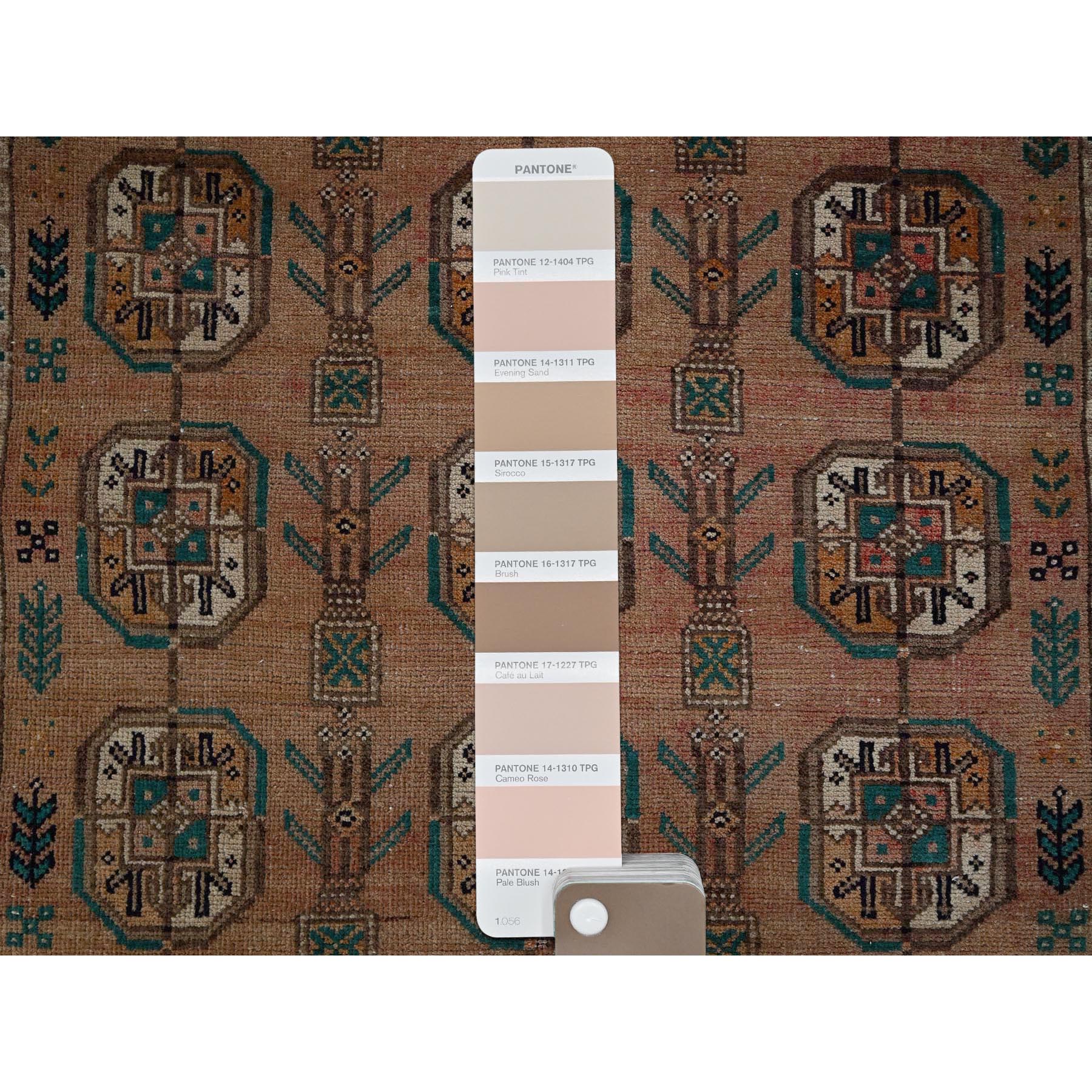 2'4"x7'8" Cafe Au Lait Brown, Vintage Persian Shiraz with Turkoman Elephant Feet Design, Distinct Abrash, Shaved Down, Zero Pile, Hand Knotted, 100% Wool, Sides and Ends Professionally Secured, Narrow Runner, Oriental Rug Sh886