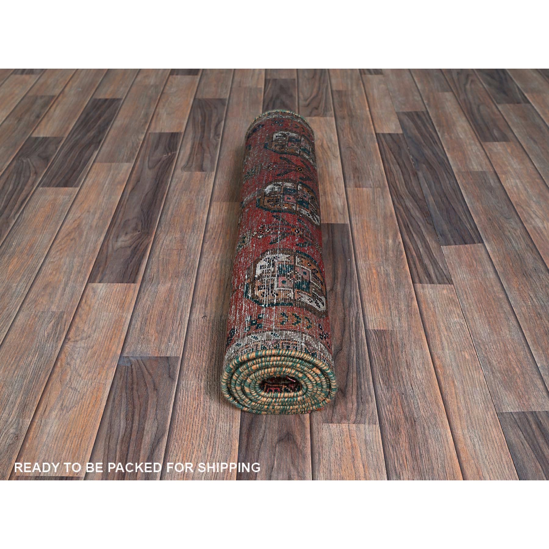 2'4"x7'8" Cafe Au Lait Brown, Vintage Persian Shiraz with Turkoman Elephant Feet Design, Distinct Abrash, Shaved Down, Zero Pile, Hand Knotted, 100% Wool, Sides and Ends Professionally Secured, Narrow Runner, Oriental Rug Sh886