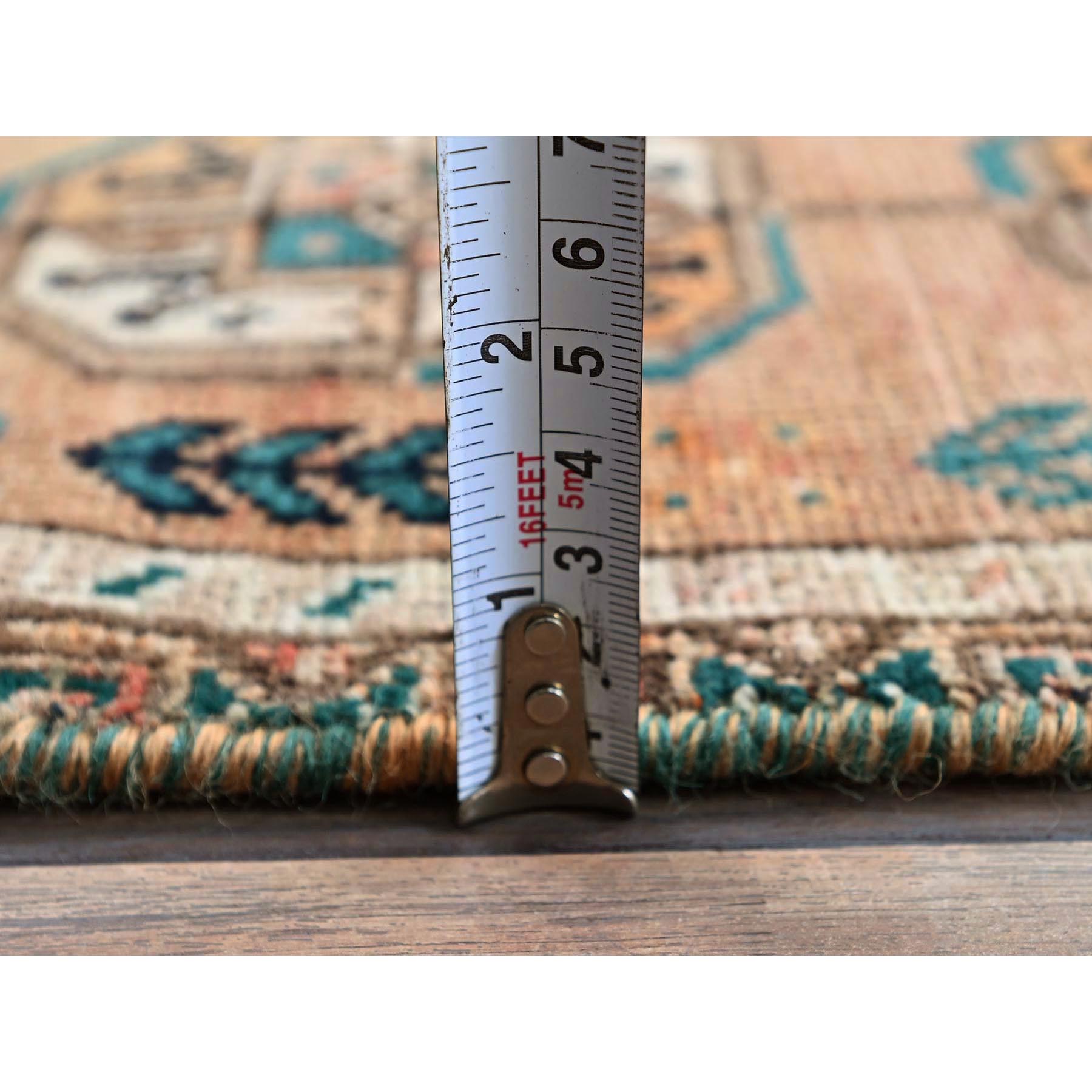 2'4"x7'8" Cafe Au Lait Brown, Vintage Persian Shiraz with Turkoman Elephant Feet Design, Distinct Abrash, Shaved Down, Zero Pile, Hand Knotted, 100% Wool, Sides and Ends Professionally Secured, Narrow Runner, Oriental Rug Sh886