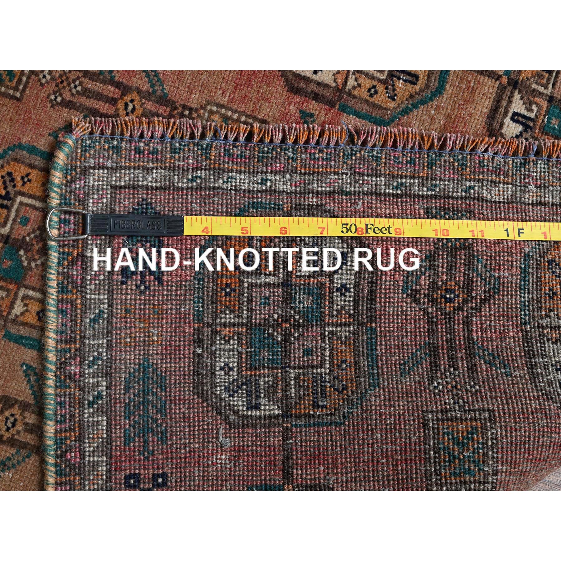 2'4"x7'8" Cafe Au Lait Brown, Vintage Persian Shiraz with Turkoman Elephant Feet Design, Distinct Abrash, Shaved Down, Zero Pile, Hand Knotted, 100% Wool, Sides and Ends Professionally Secured, Narrow Runner, Oriental Rug Sh886