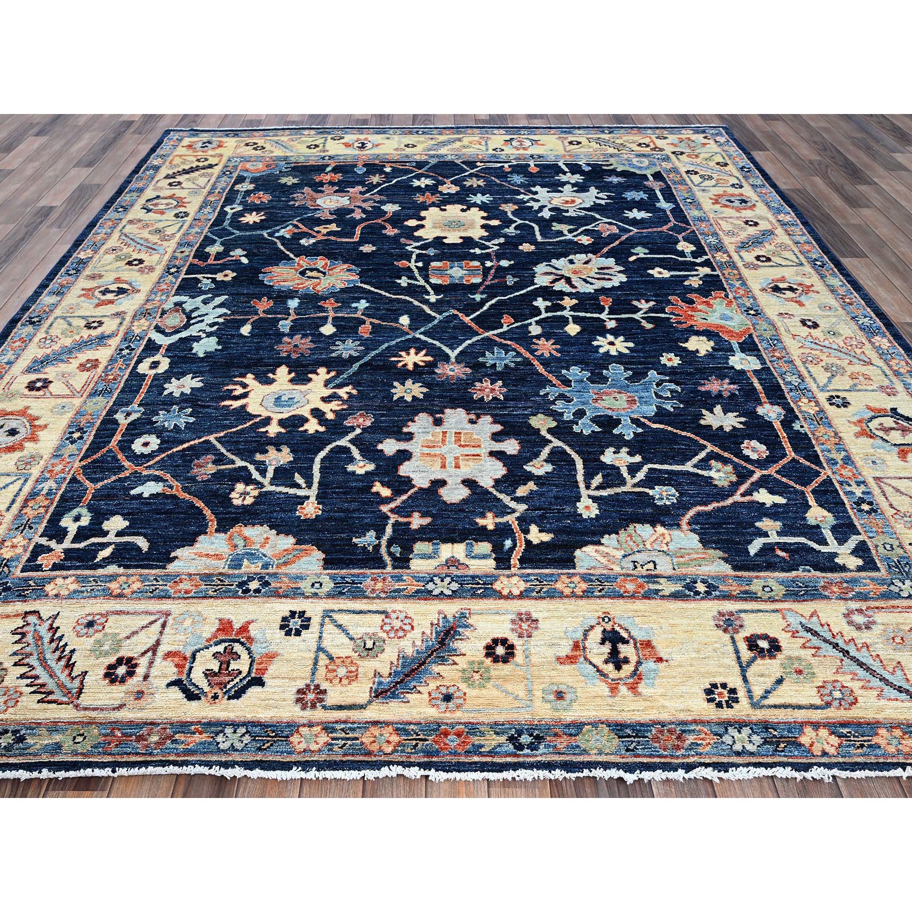 8'3"x10' Yale Blue, Afghan Oushak with Colorful Leaf Design, Supple Collection, Soft and Lush Pile, Shiny Wool, Densely Woven, Hand Knotted, Oriental Rug Sh888