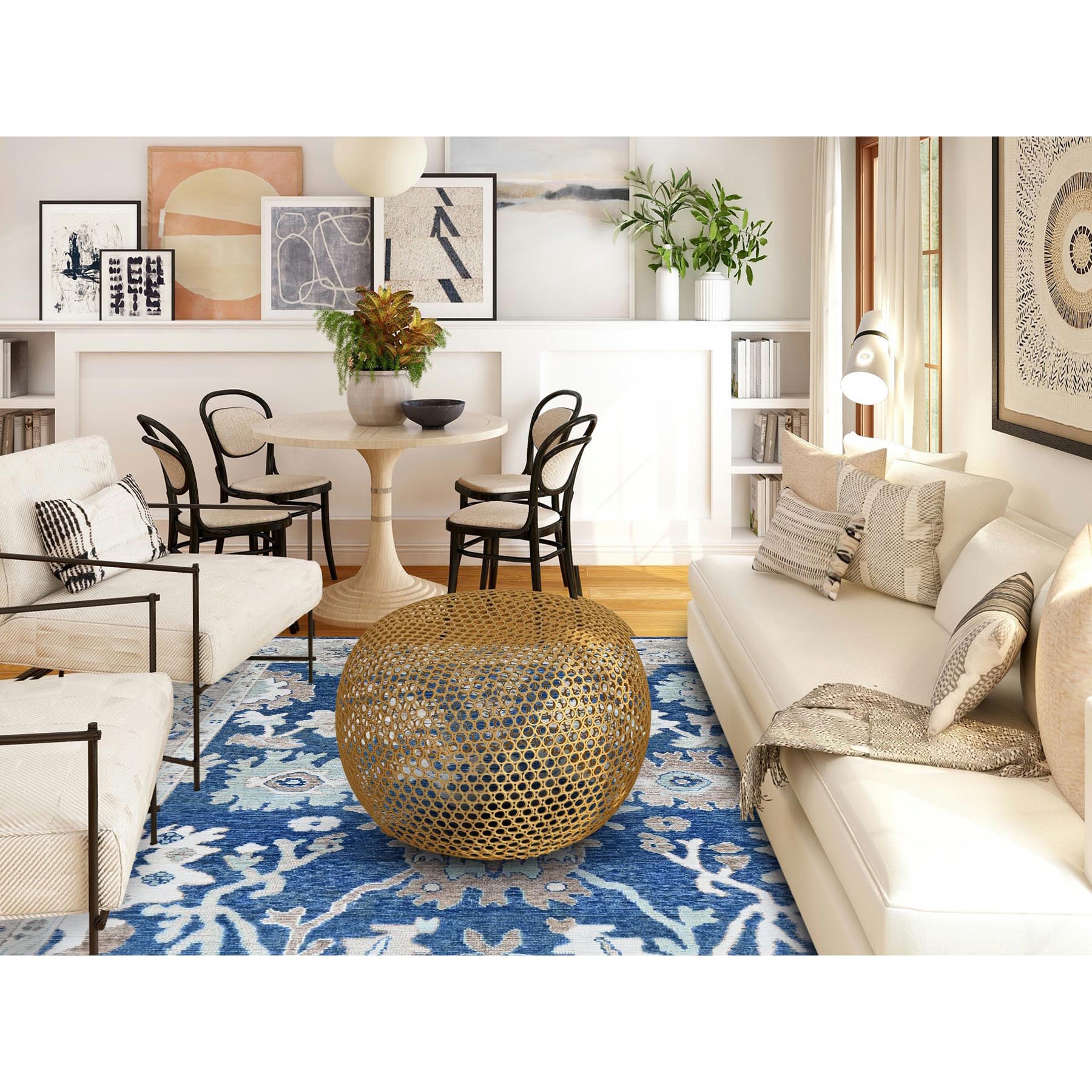 8'2"x10'1" Opal Blue, Afghan Oushak with Leaf Design, Supple Collection, Velvety Wool, Soft and Lush Pile, Densely Woven, Hand Knotted, Oriental Rug Sh891