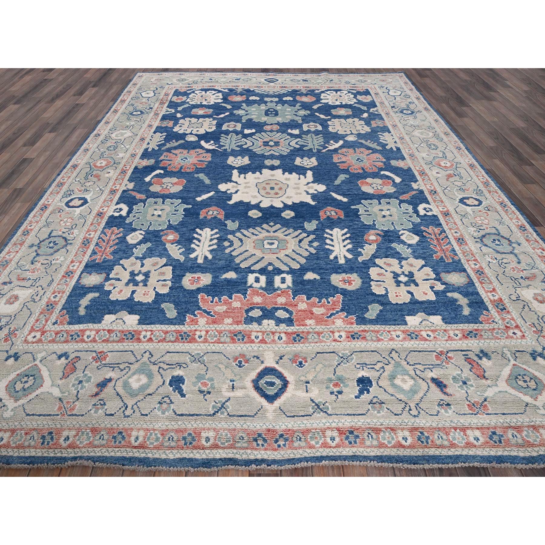 9'2"x12'1" Navy Blue, Afghan Oushak with Leaf Design, Supple Collection, Soft and Lush Pile, Pure Wool, Densely Woven, Hand Knotted, Oriental Rug Sh892