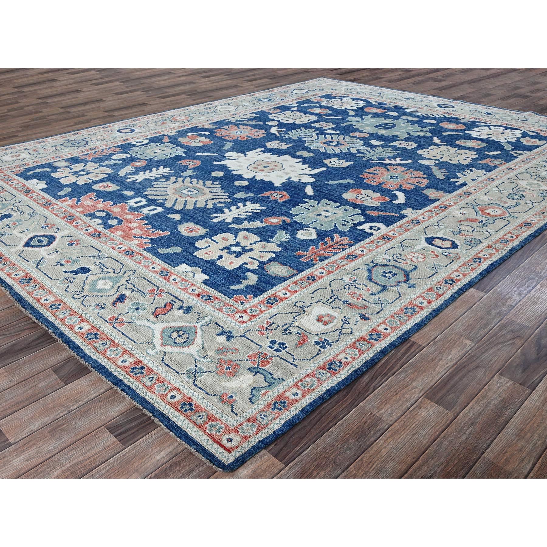 9'2"x12'1" Navy Blue, Afghan Oushak with Leaf Design, Supple Collection, Soft and Lush Pile, Pure Wool, Densely Woven, Hand Knotted, Oriental Rug Sh892