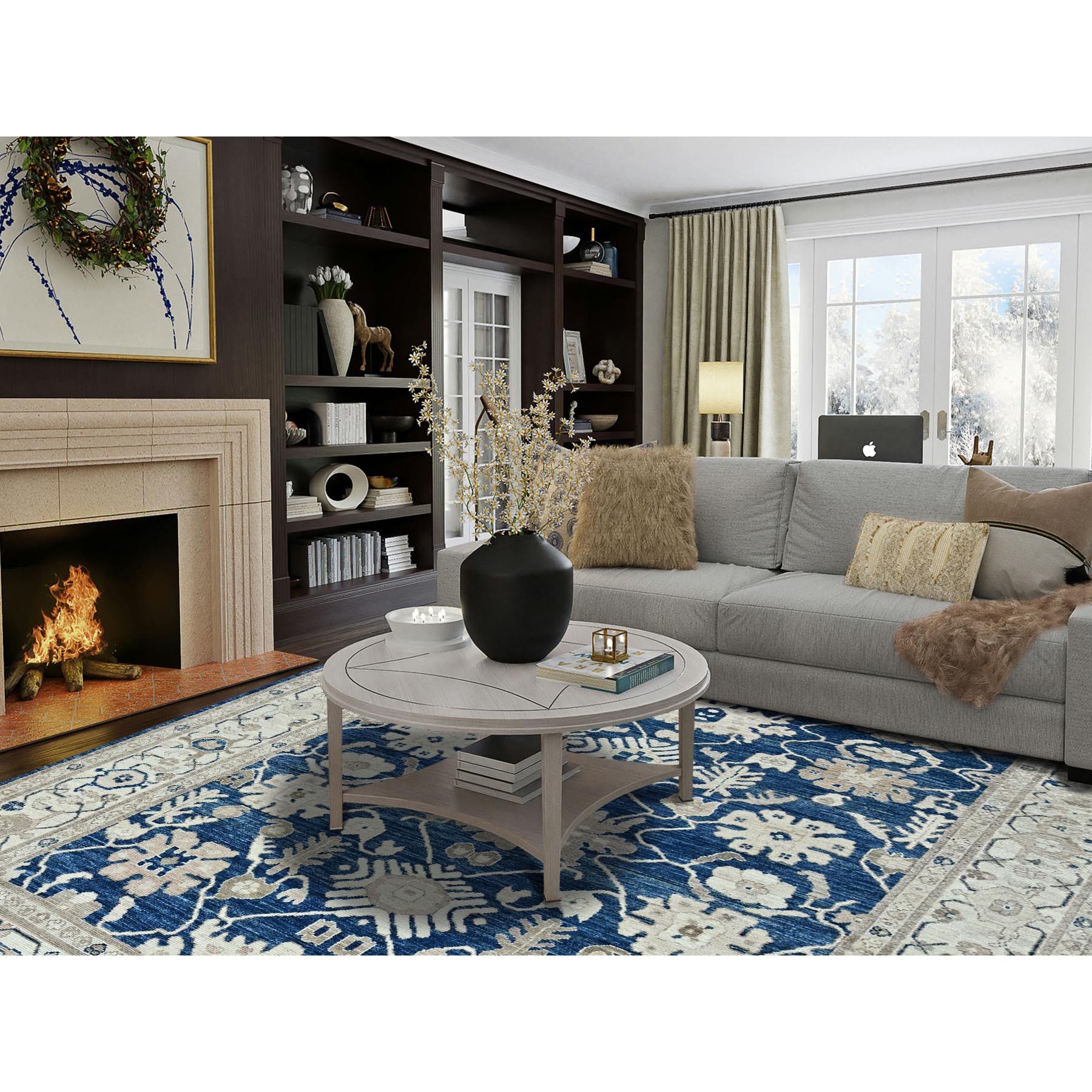 9'x12' Yale Blue, Afghan Oushak with All Over Leaf Design, Supple Collection, Soft and Lush Pile, Velvety Wool, Hand Knotted, Densely Woven, Oriental Rug Sh897