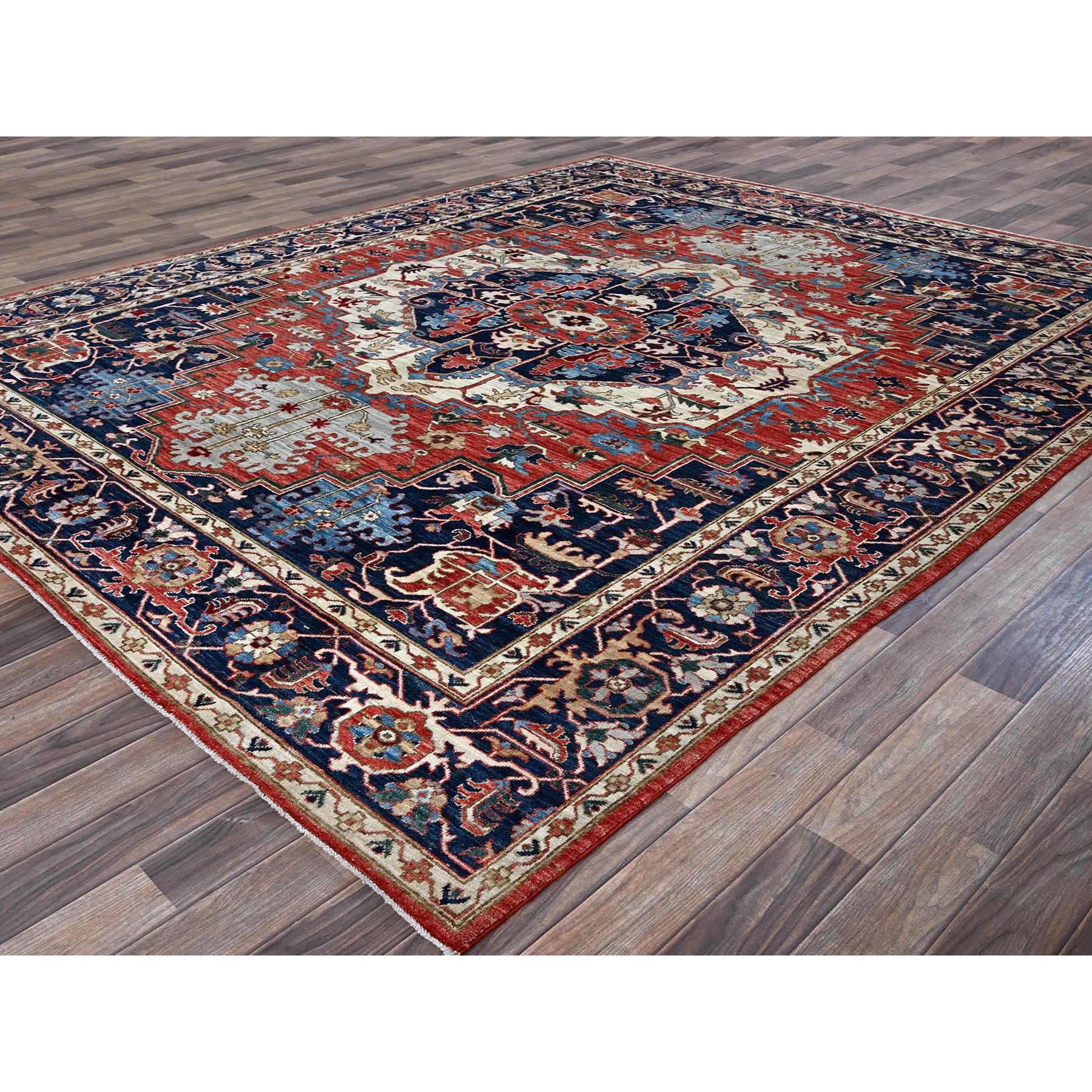 8'1"x9'10" Imperial Red, Peshawar Heriz with Antique Serapi Design, Hand Knotted, Shiny High Mountain Wool, Vegetable Dyes, Densely Woven, Soft Pile, Oriental Rug Sh901