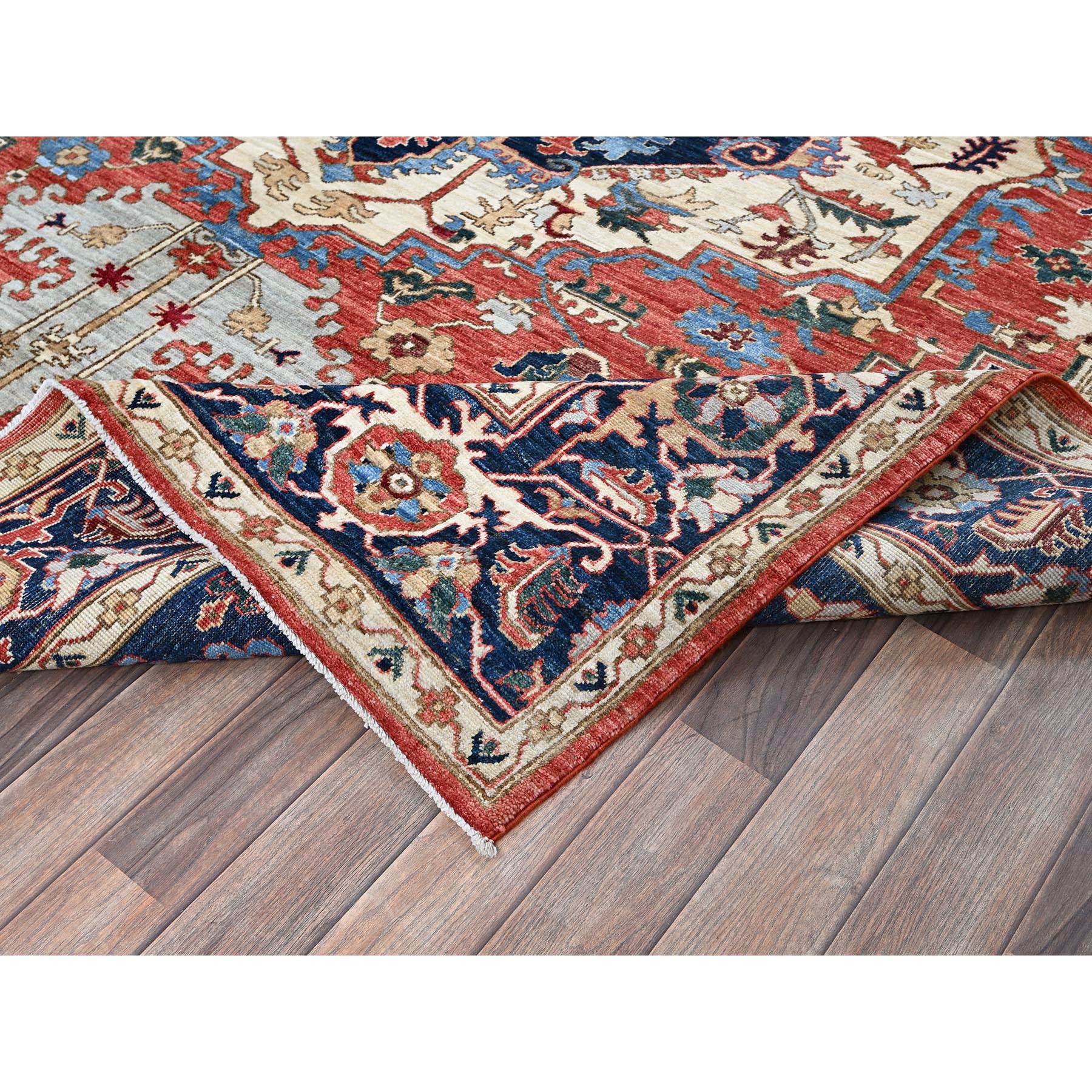 8'1"x9'10" Imperial Red, Peshawar Heriz with Antique Serapi Design, Hand Knotted, Shiny High Mountain Wool, Vegetable Dyes, Densely Woven, Soft Pile, Oriental Rug Sh901